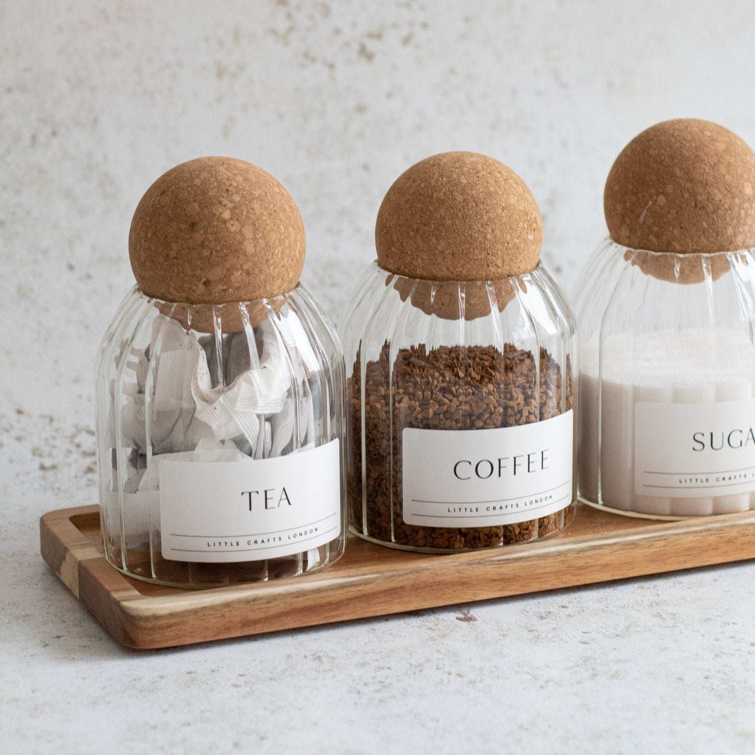 Set of 3 Ribbed Cork Ball Glass Jars - Tea, Coffee and Sugar 500ml with Long Tray - Little Crafts London