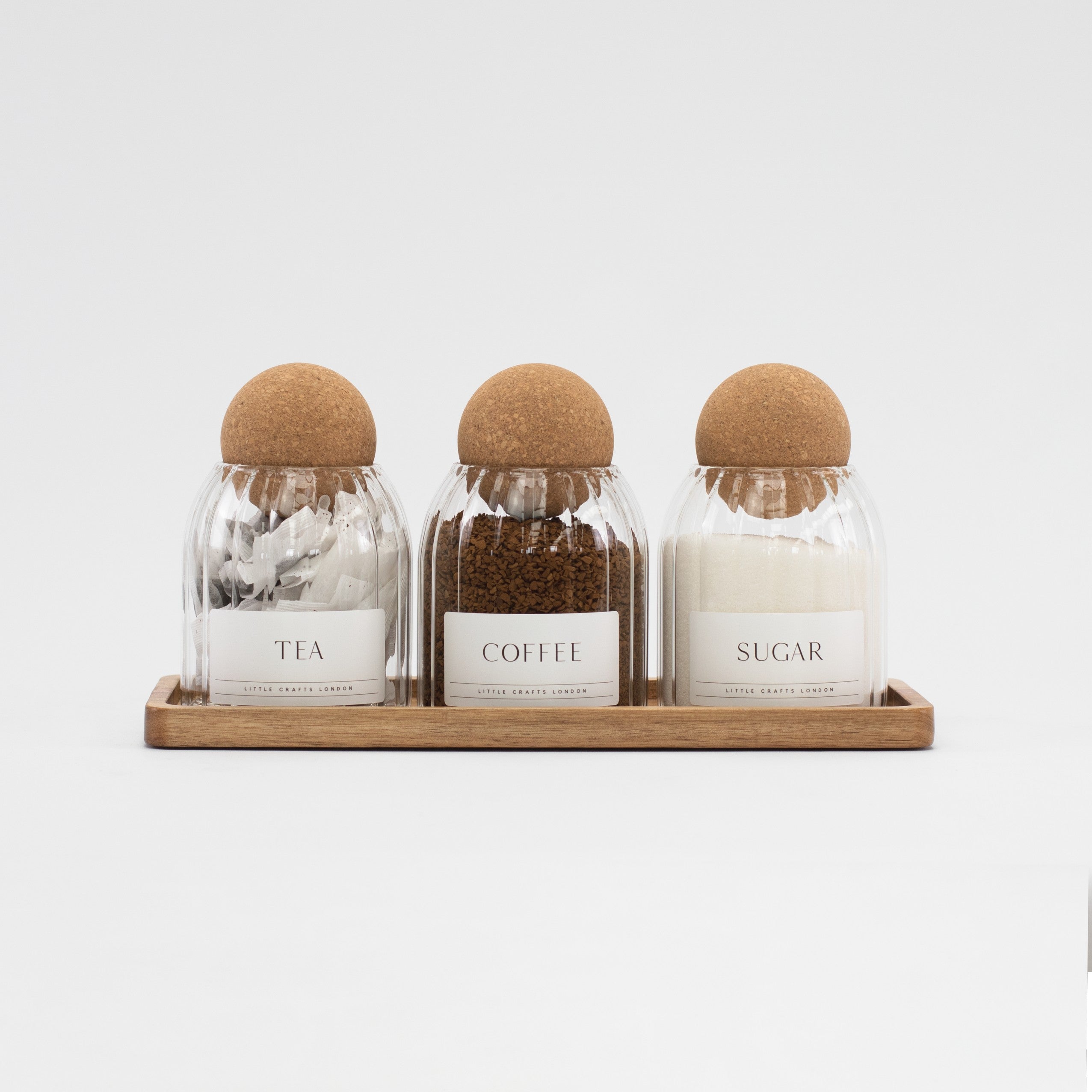 Set of 3 Ribbed Cork Ball Glass Jars - Tea, Coffee and Sugar 500ml with Long Tray - Little Crafts London