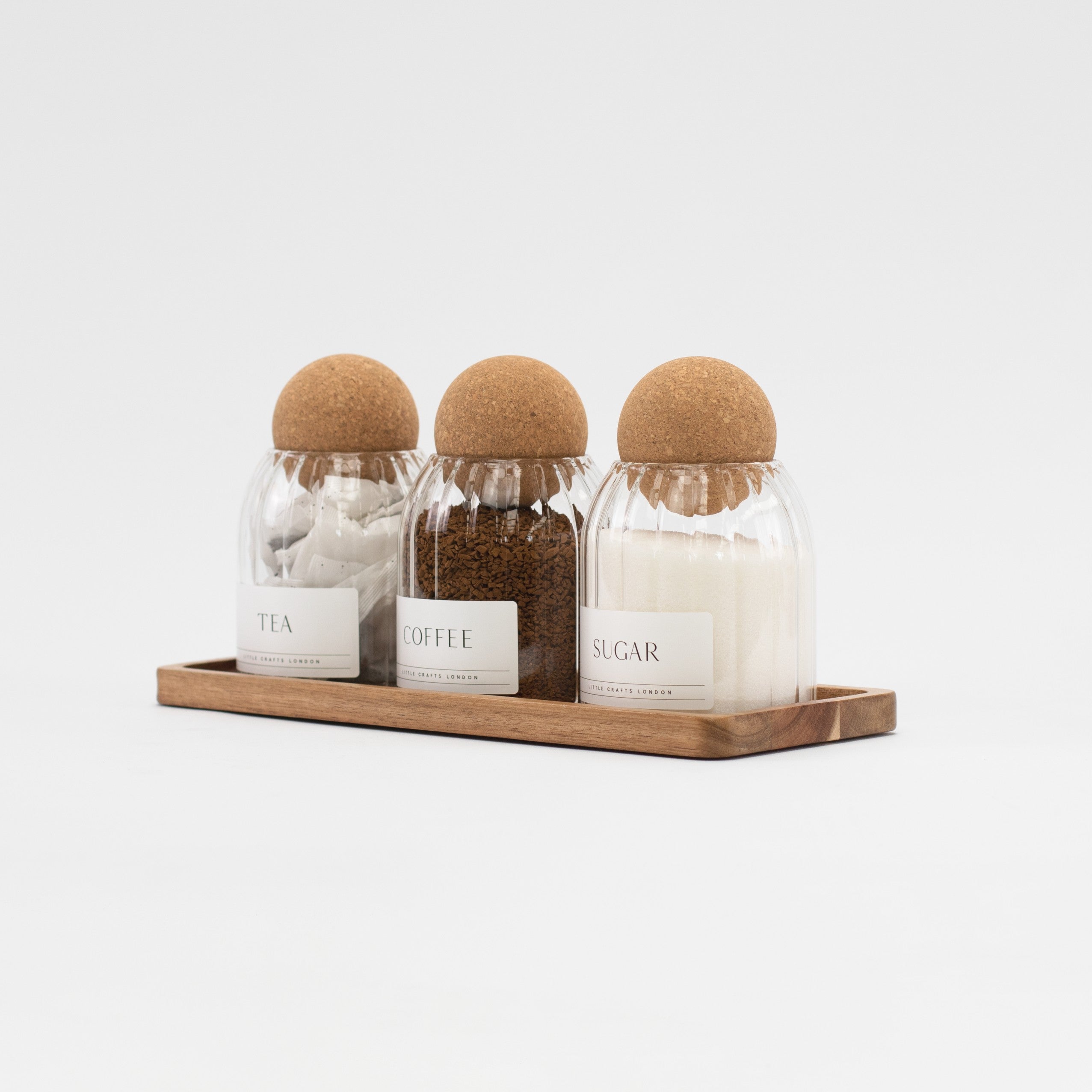 Set of 3 Ribbed Cork Ball Glass Jars - Tea, Coffee and Sugar 500ml with Long Tray - Little Crafts London