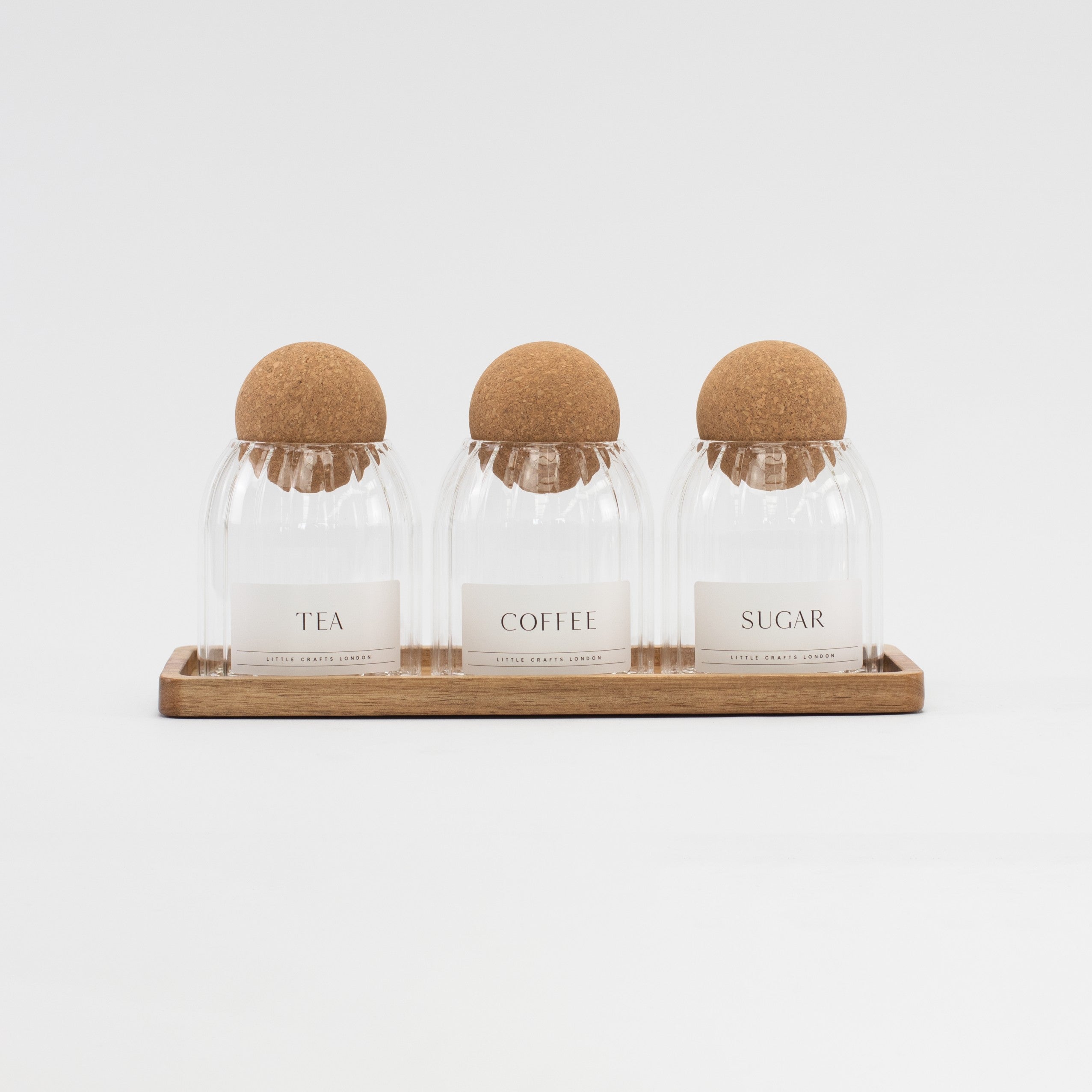 Set of 3 Ribbed Cork Ball Glass Jars - Tea, Coffee and Sugar 500ml with Long Tray - Little Crafts London
