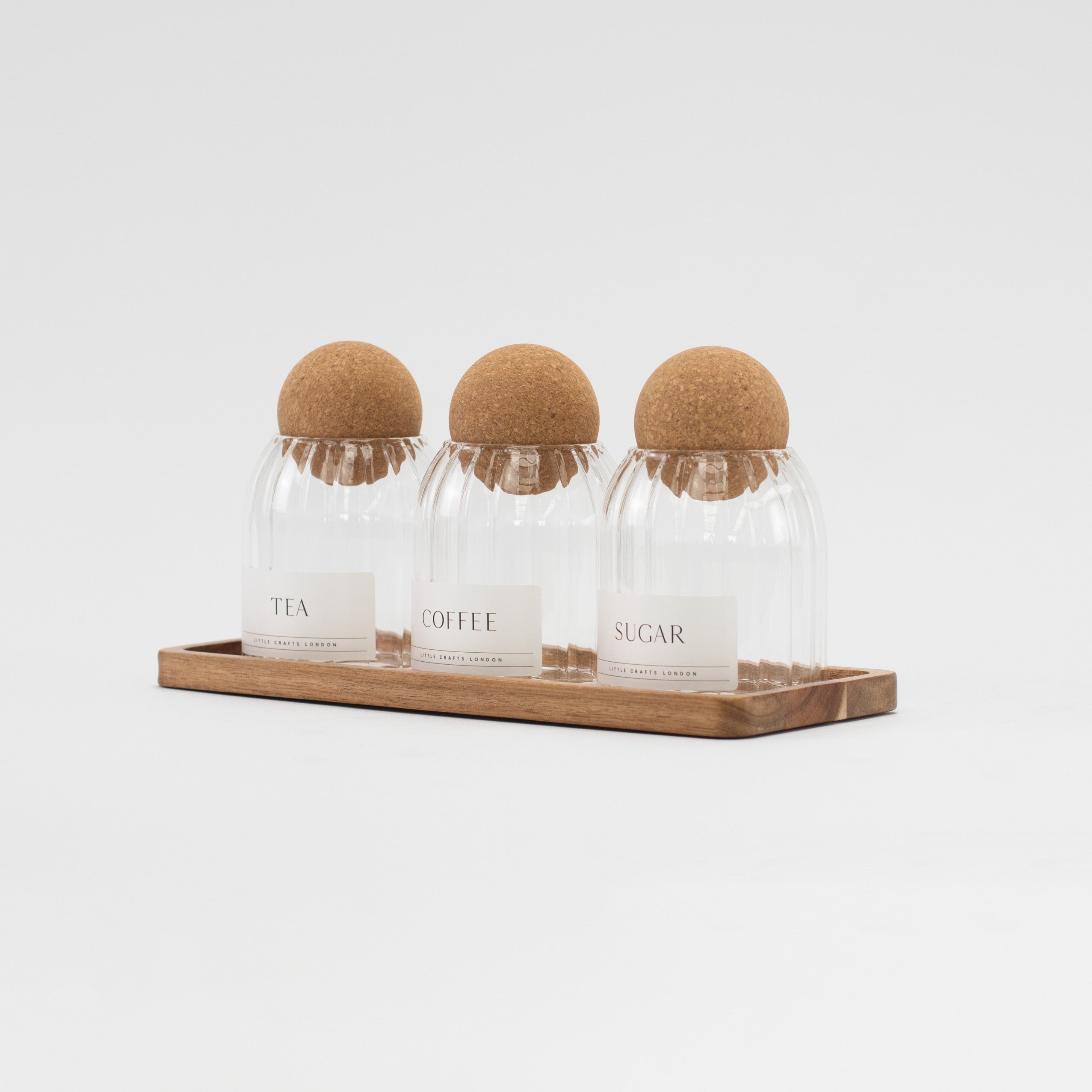 Set of 3 Ribbed Cork Ball Glass Jars - Tea, Coffee and Sugar 500ml with Long Tray - Little Crafts London