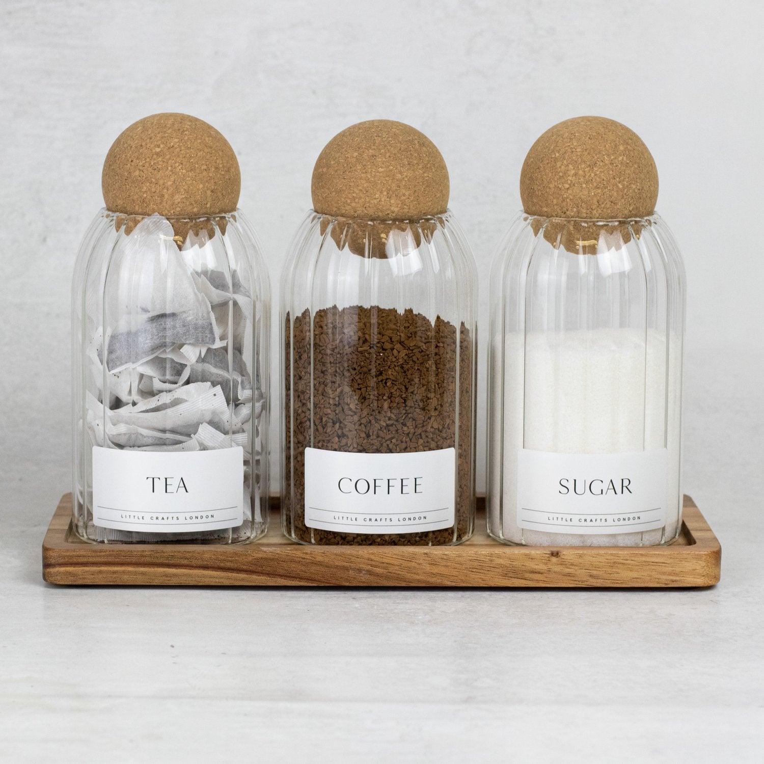 Set of 3 Ribbed Cork Ball Glass Jars - Tea, Coffee and Sugar 800ml with Long Rectangle Tray - Little Crafts London