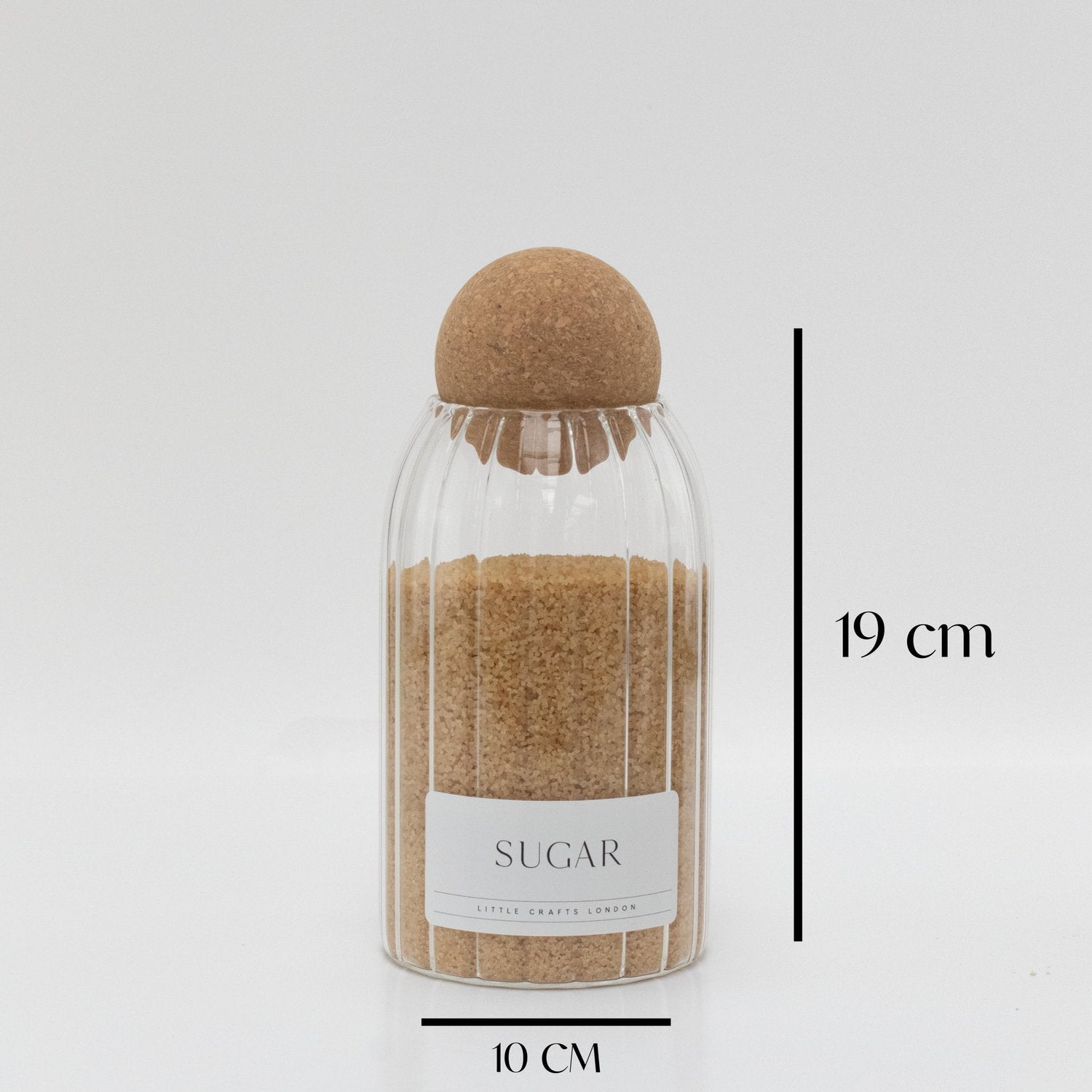 Set of 3 Ribbed Cork Ball Glass Jars - Tea, Coffee and Sugar 800ml with Long Rectangle Tray - Little Crafts London