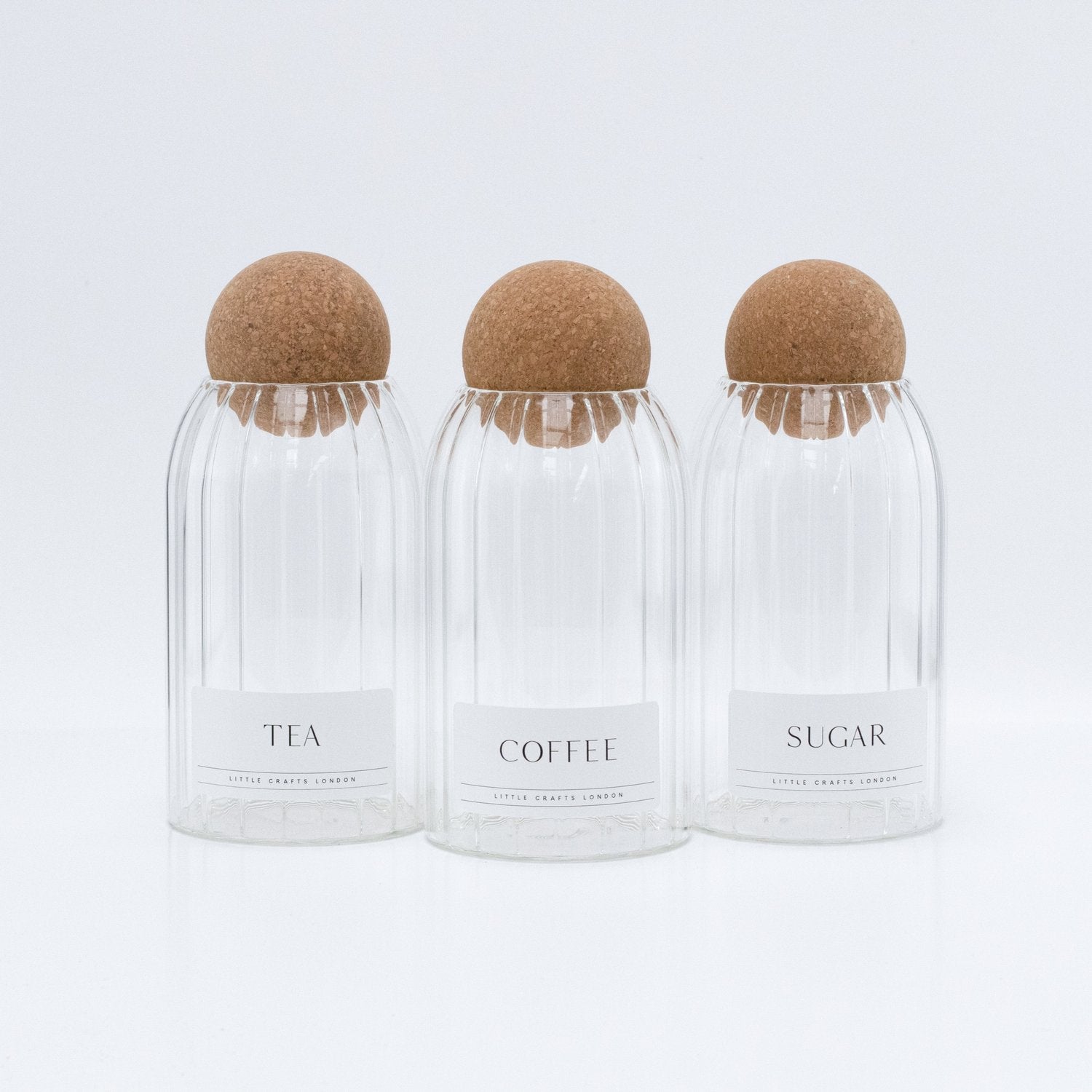Set of 3 Ribbed Cork Ball Glass Jars - Tea, Coffee and Sugar 800ml with Long Rectangle Tray - Little Crafts London