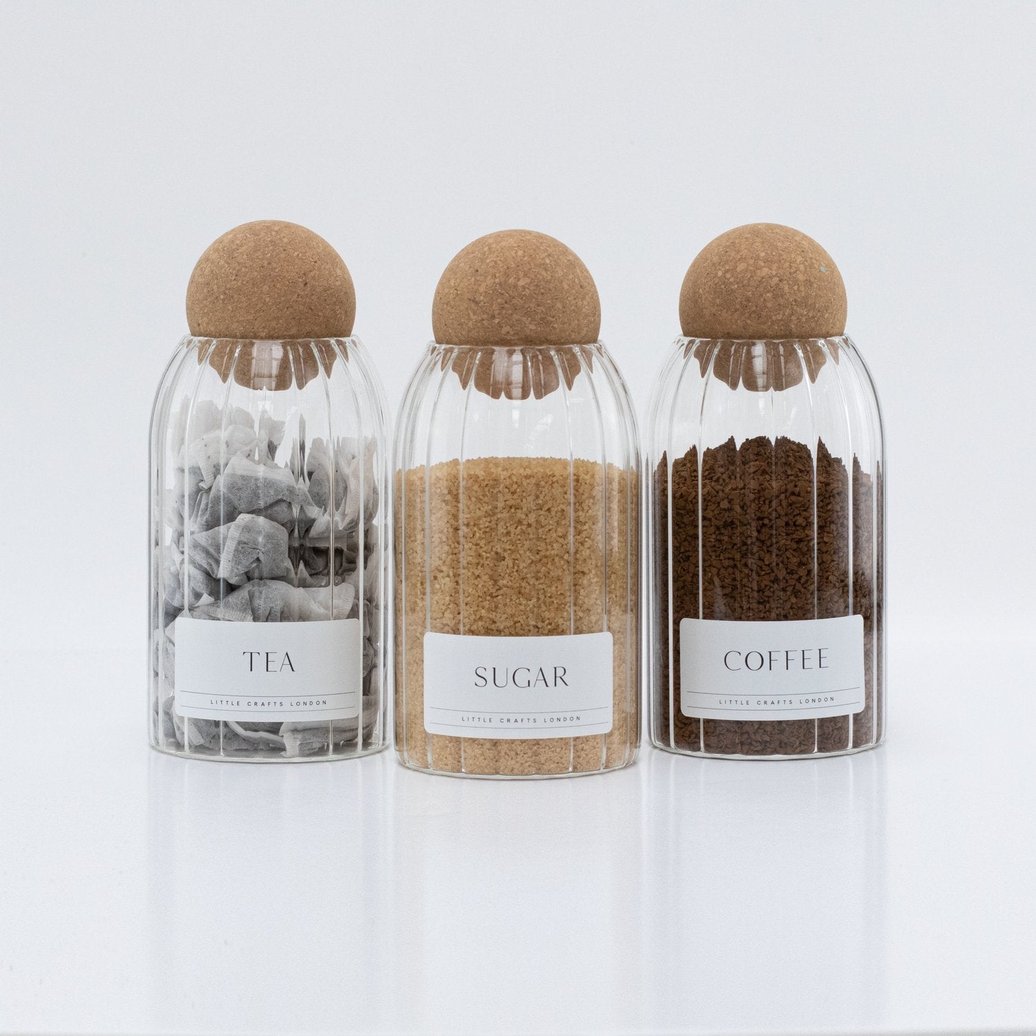 Set of 3 Ribbed Cork Ball Glass Jars - Tea, Coffee and Sugar 800ml with Long Rectangle Tray - Little Crafts London