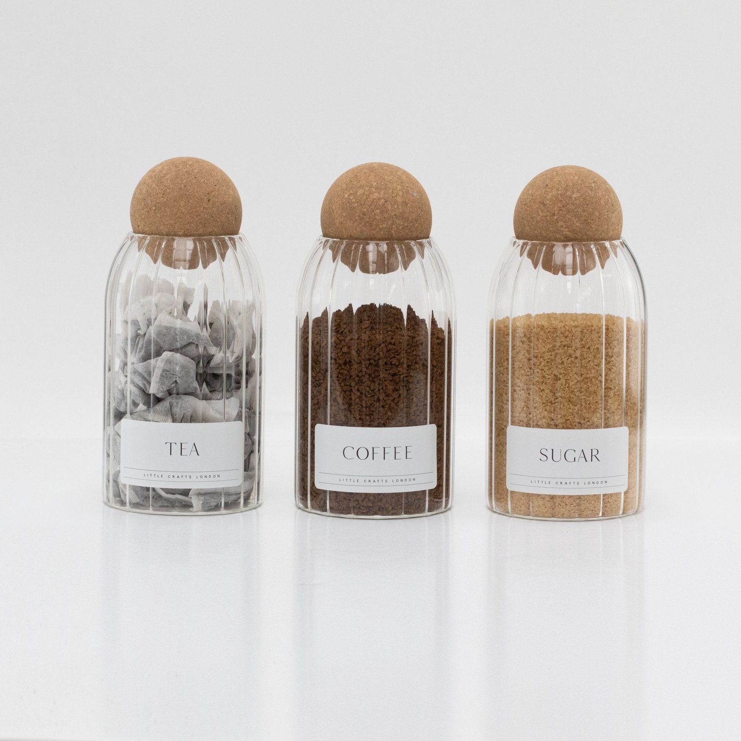 Set of 3 Ribbed Cork Ball Glass Jars - Tea, Coffee and Sugar 800ml with Long Rectangle Tray - Little Crafts London