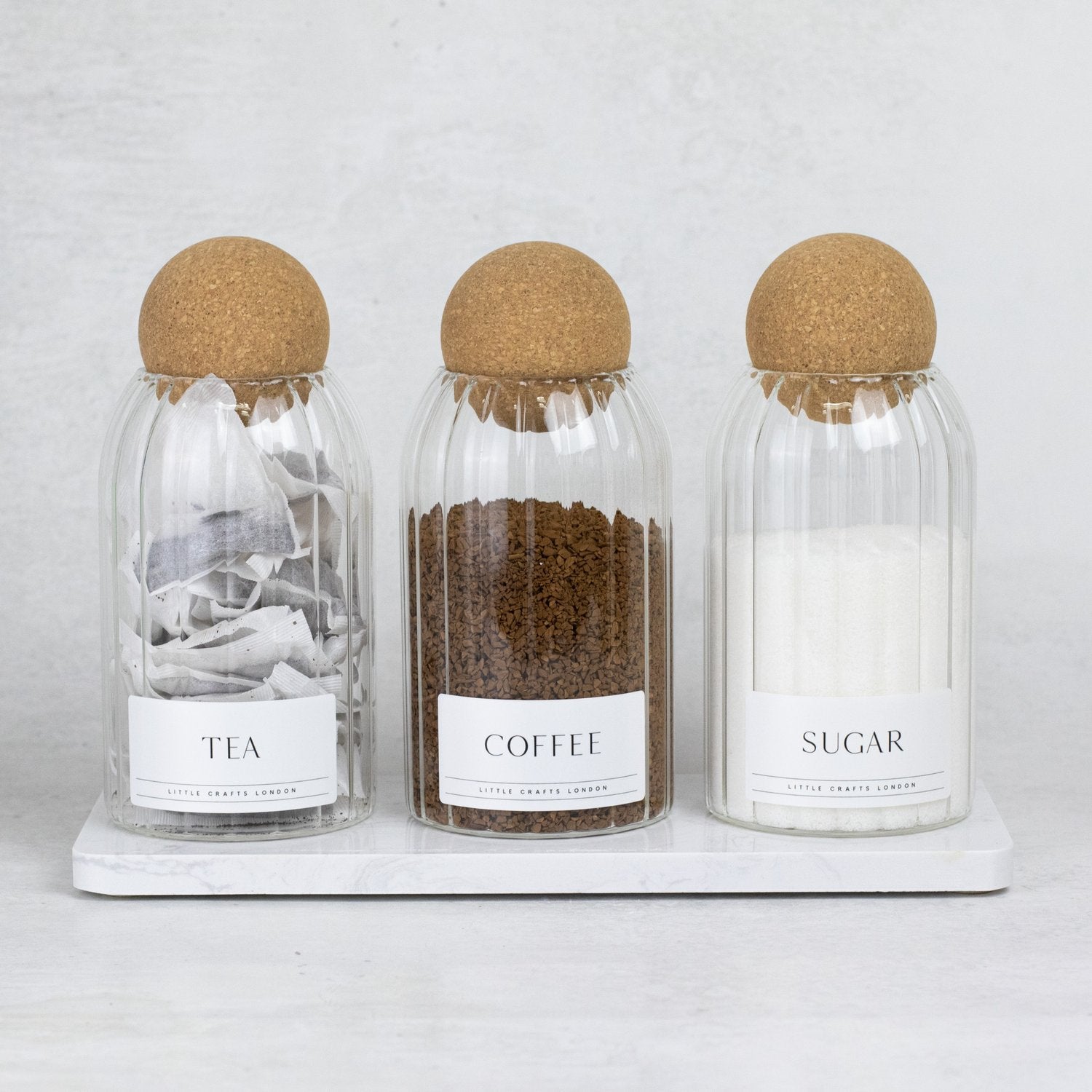 Set of 3 Ribbed Cork Ball Glass Jars - Tea, Coffee and Sugar 800ml with Long Rectangle Tray - Little Crafts London