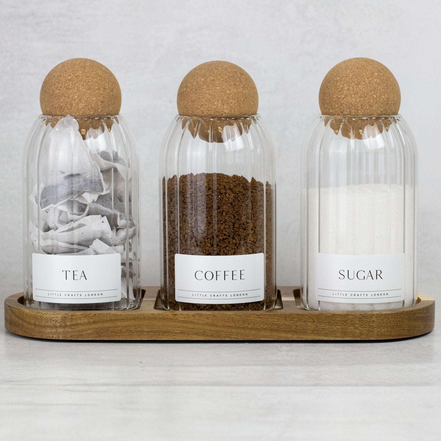 Set of 3 Ribbed Cork Ball Glass Jars - Tea, Coffee and Sugar 800ml with Long Rectangle Tray - Little Crafts London