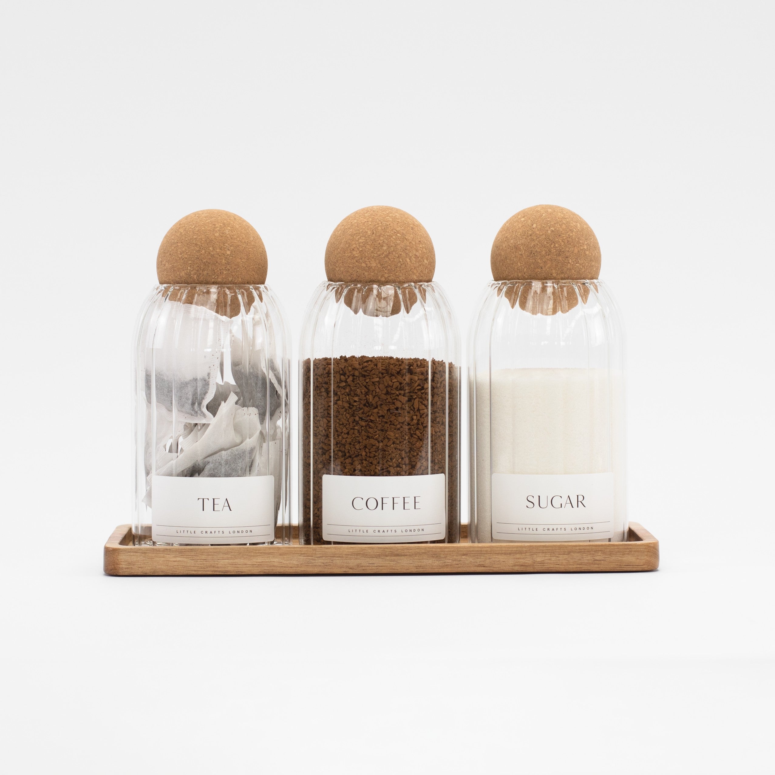 Set of 3 Ribbed Cork Ball Glass Jars - Tea, Coffee and Sugar 800ml with Long Rectangle Tray - Little Crafts London