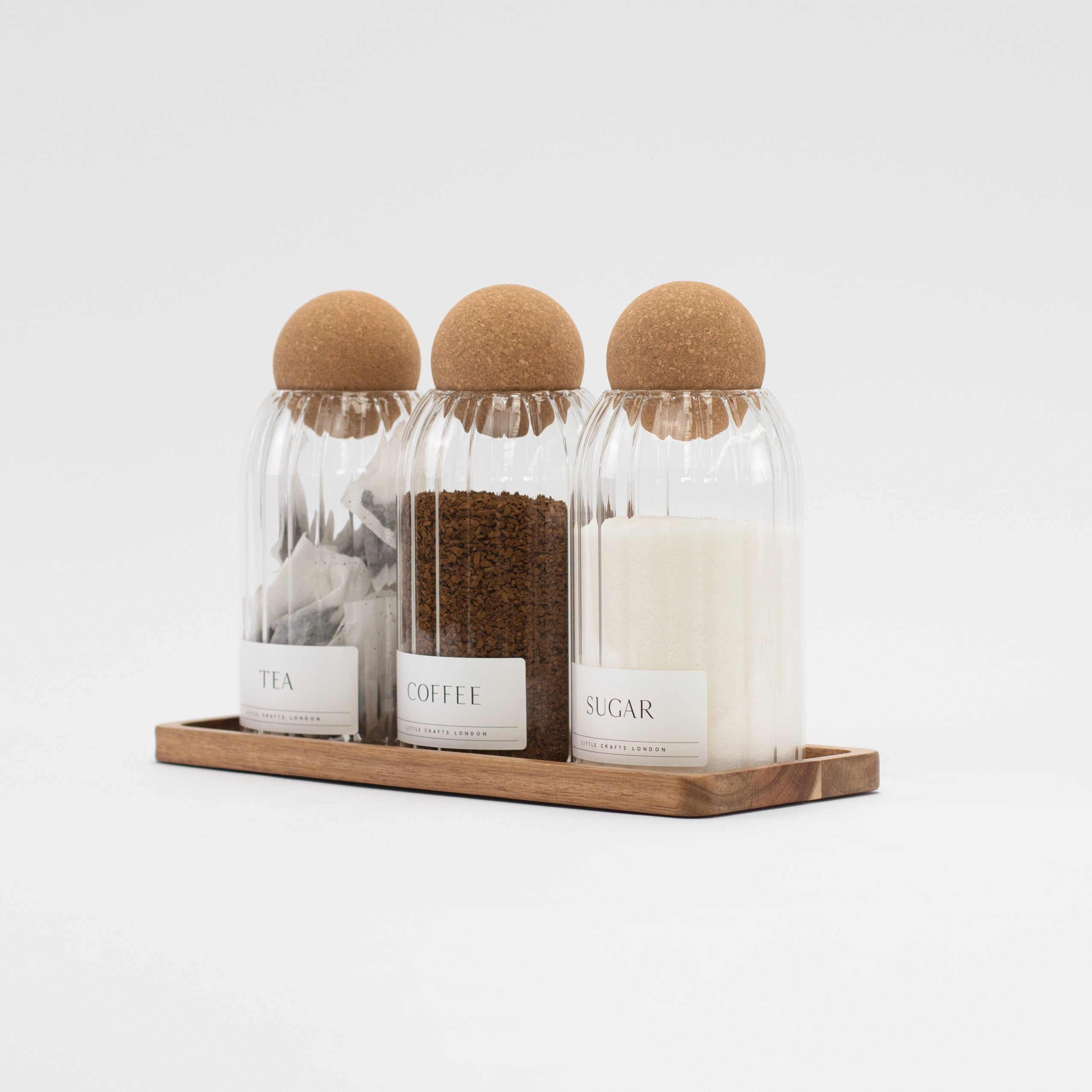 Set of 3 Ribbed Cork Ball Glass Jars - Tea, Coffee and Sugar 800ml with Long Rectangle Tray - Little Crafts London