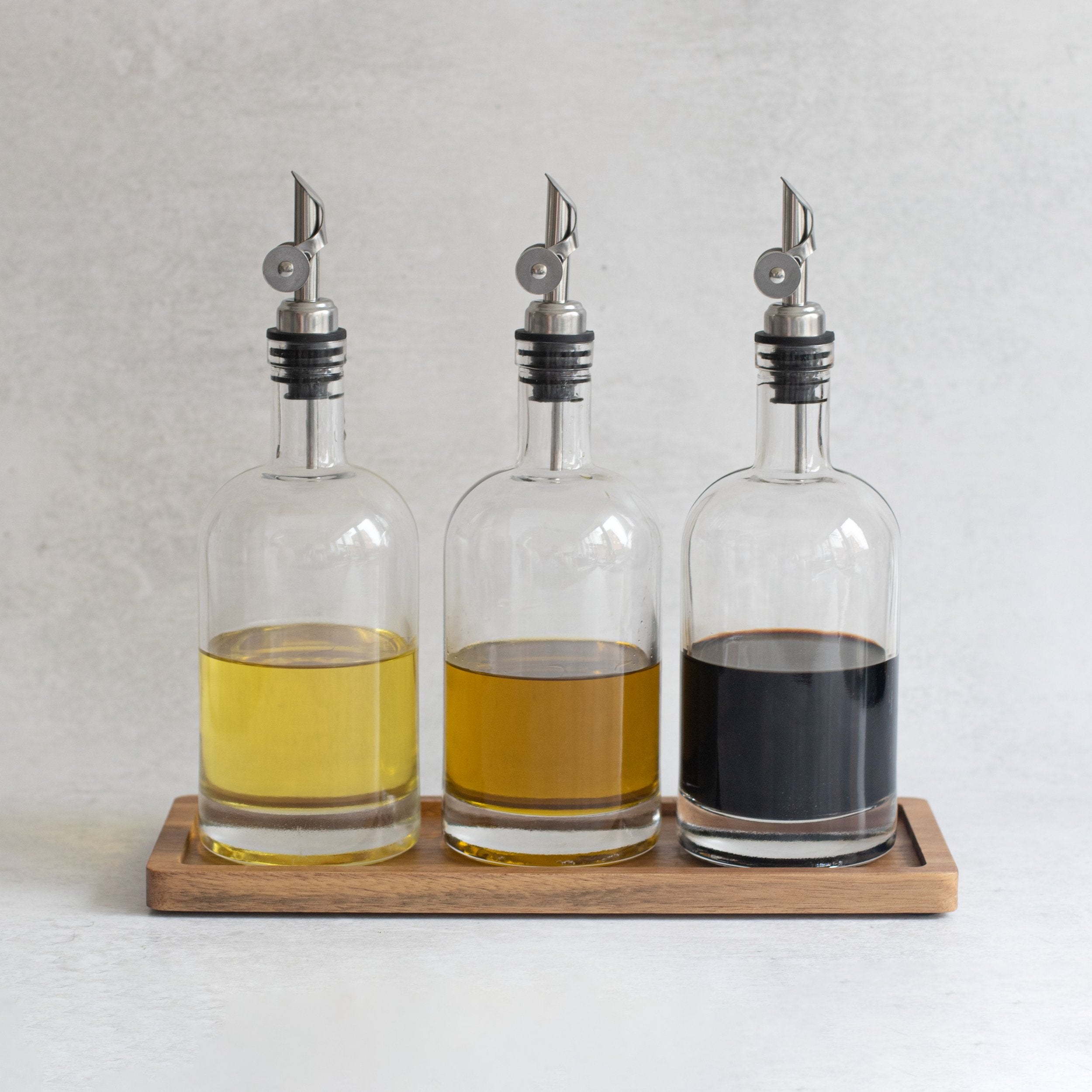 Set of 3 Round Glass Oil Bottle 500 ML & Rectangle Tray - Little Crafts London