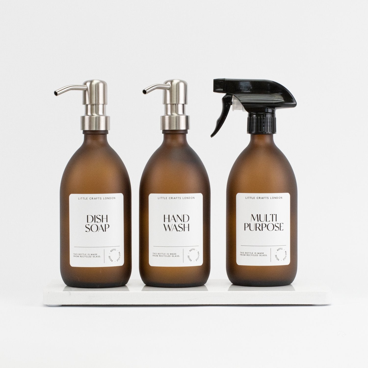 Spray and Pump Set of 3 Reusable Frosted Amber Glass Bottles 500 ML - Little Crafts London