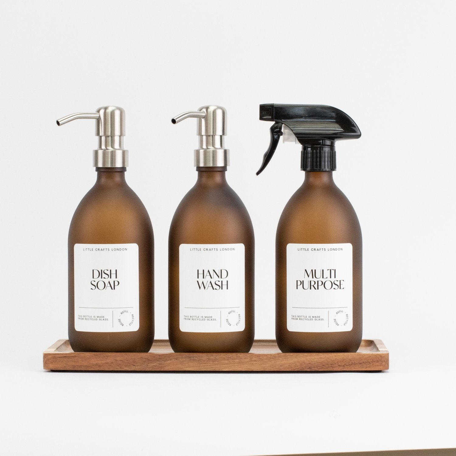 Spray and Pump Set of 3 Reusable Frosted Amber Glass Bottles 500 ML - Little Crafts London