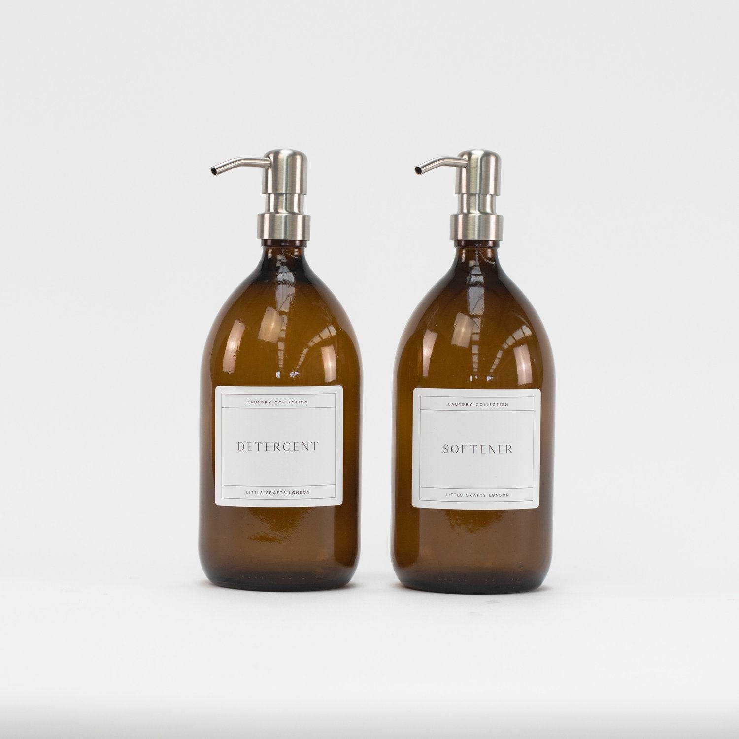2x Amber Glass Bottle 1000ML with Stainless Steel Pump with Softener Detergent label - Little Crafts London