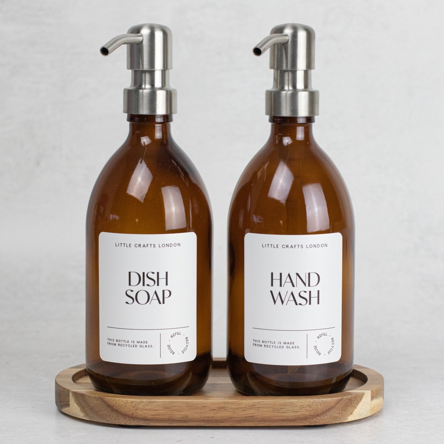 Set of 2 Amber Glass Bottle 500 ML with Stainless Steel Pump & Small Tray - Little Crafts London
