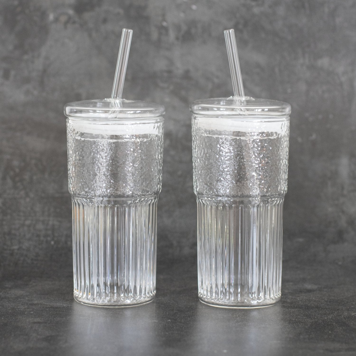 Ribbed Glass Tumbler with lid and straw 500 ML - Little Crafts London