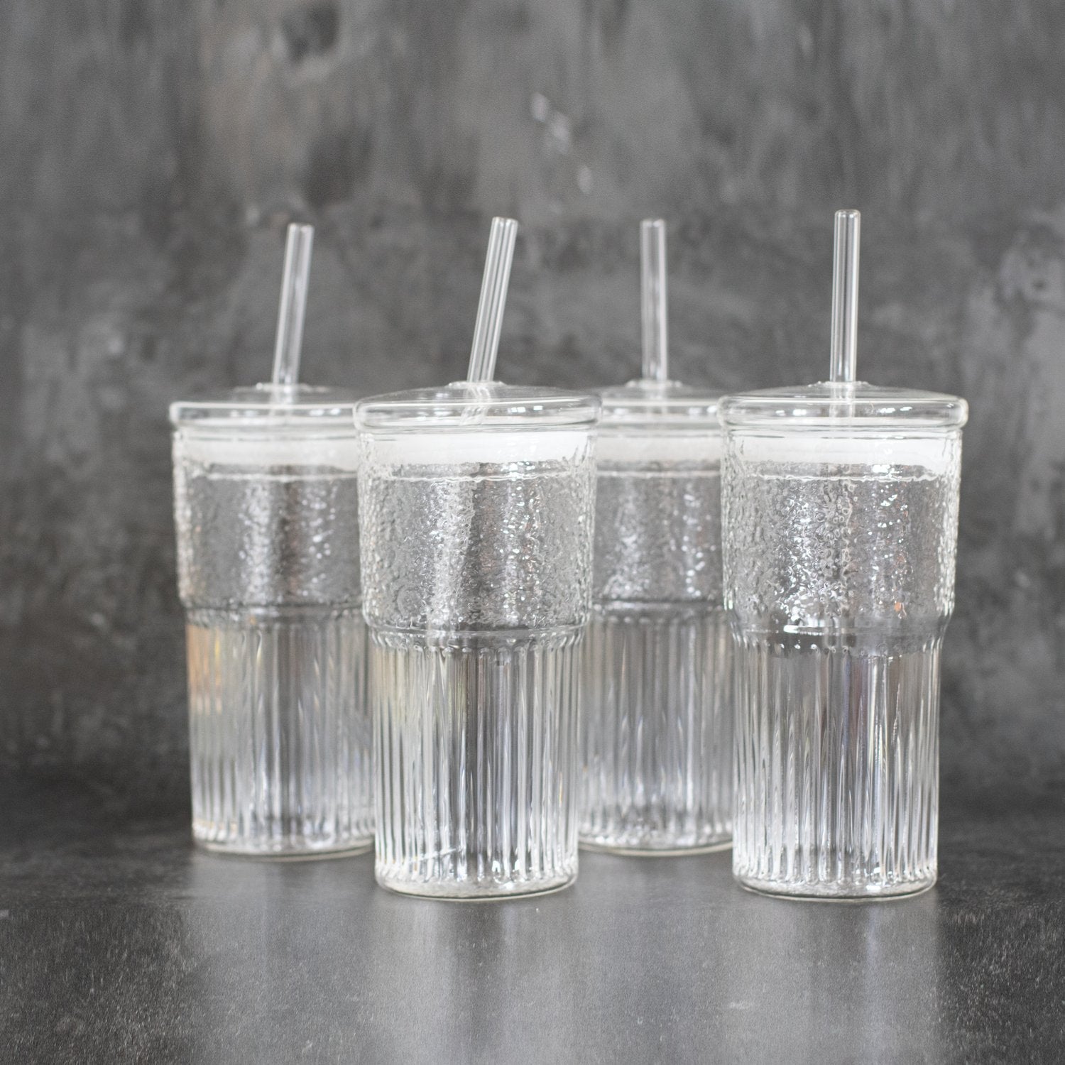 Ribbed Glass Tumbler with lid and straw 500 ML - Little Crafts London