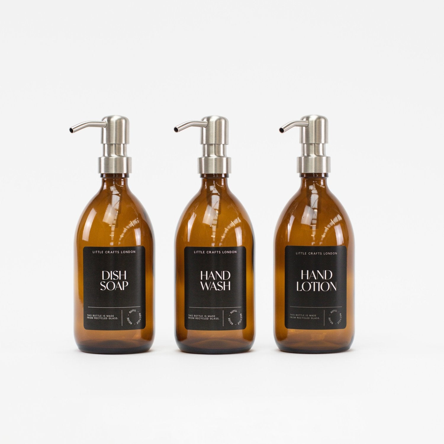 500ml Amber Glass Bottle with Stainless Steel Pump Black Label - Little Crafts London