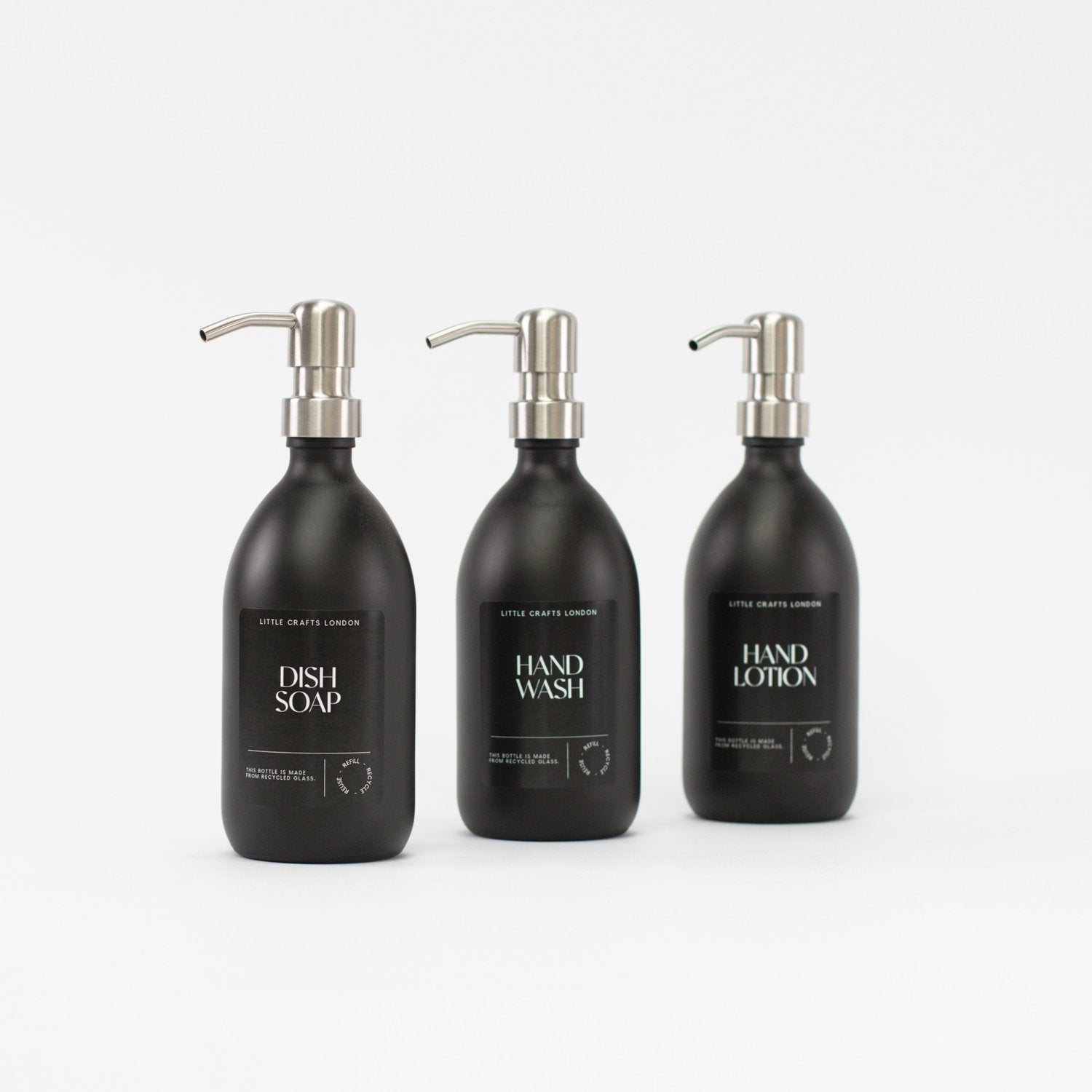 Matt Black 500ml Glass Bottle with Stainless Steel Pump Black Label - Little Crafts London