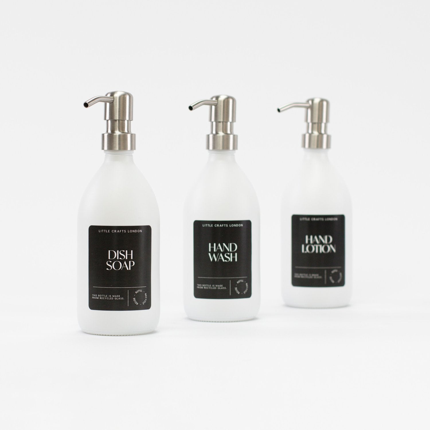 Milky White 500ml Glass Bottle with Stainless Steel Pump Black Label - Little Crafts London