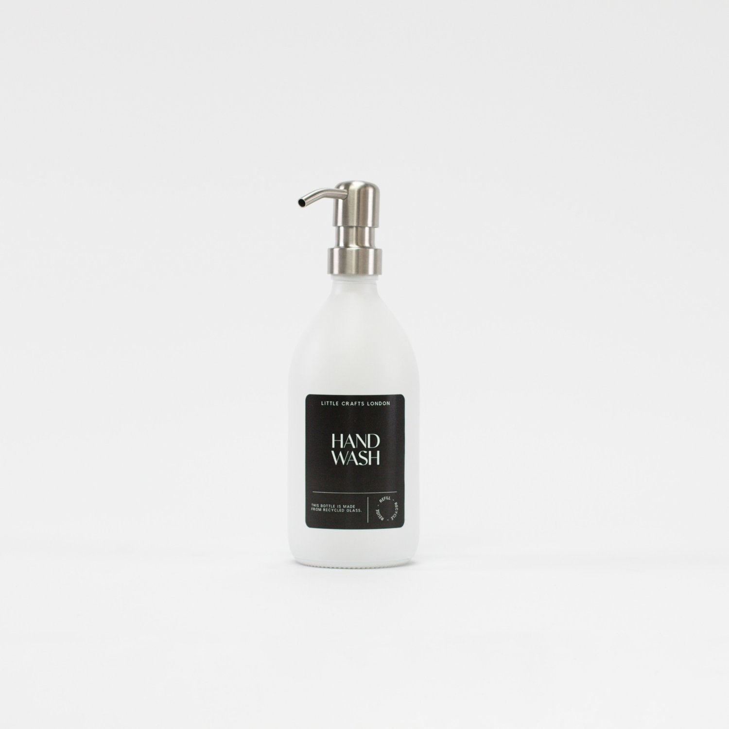 Milky White 500ml Glass Bottle with Stainless Steel Pump Black Label - Little Crafts London
