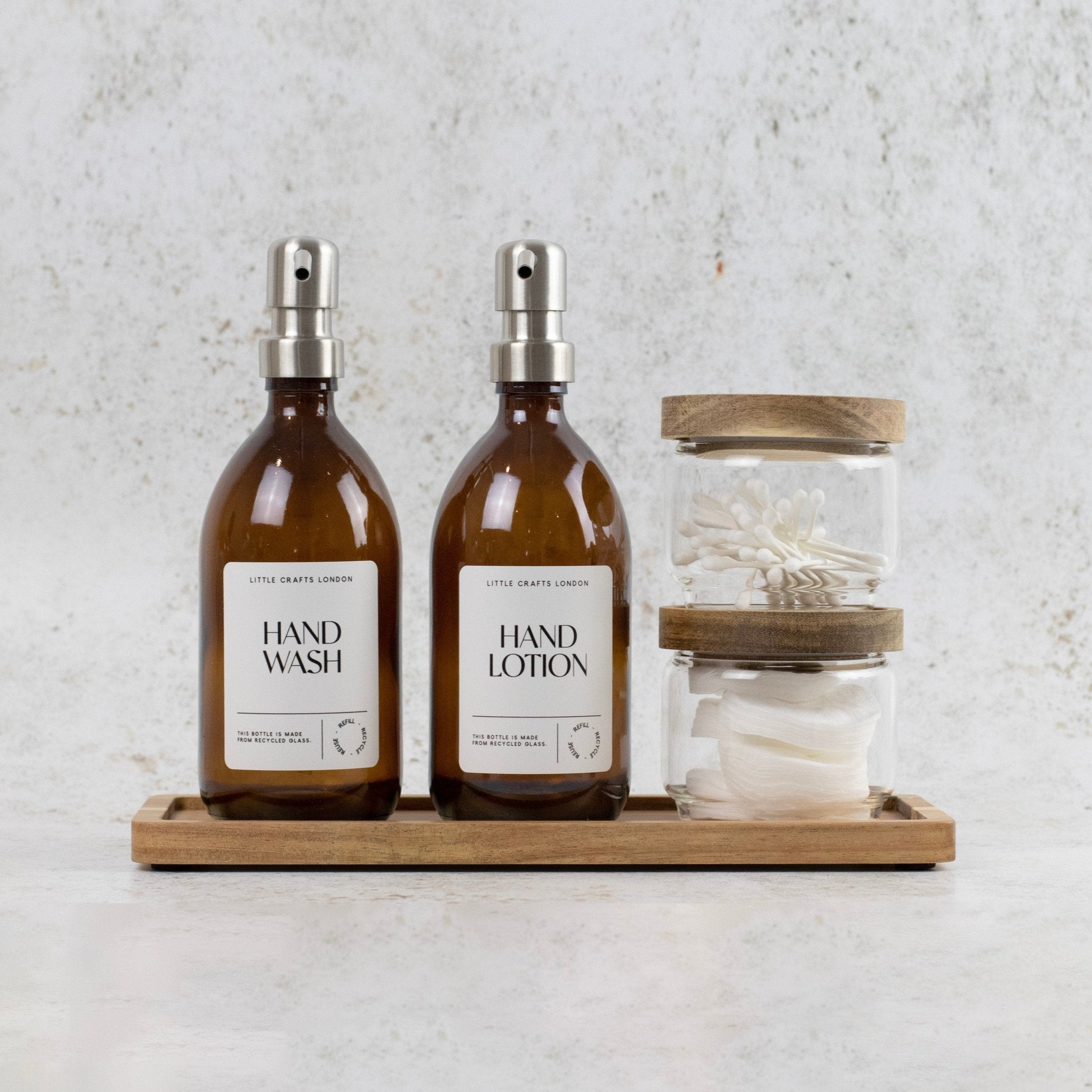 Set of 2 Amber Glass Bottles 500 ML Long Acacia Tray & Jars Bathroom Set - Little Crafts London