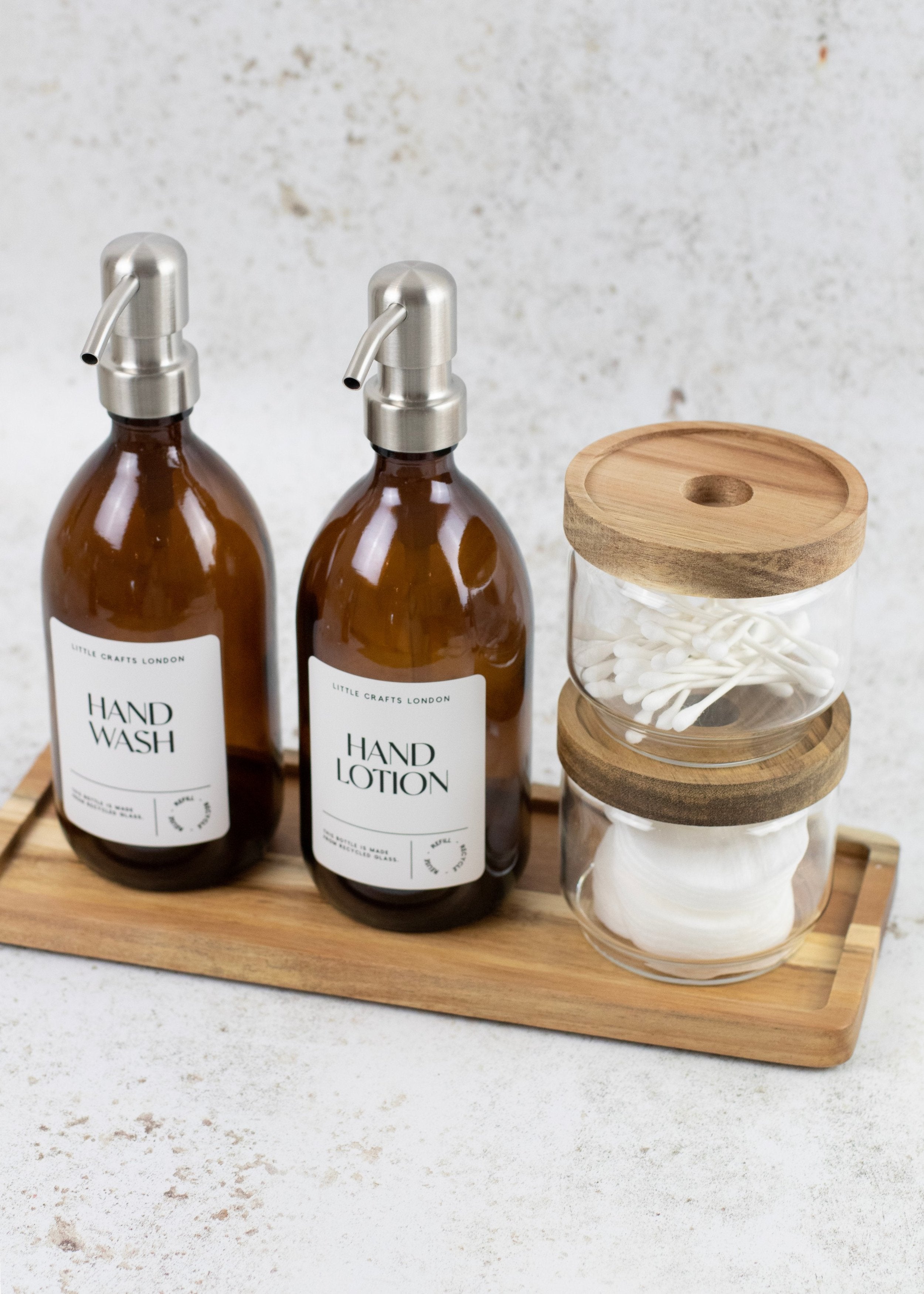 Set of 2 Amber Glass Bottles 500 ML Long Acacia Tray & Jars Bathroom Set - Little Crafts London