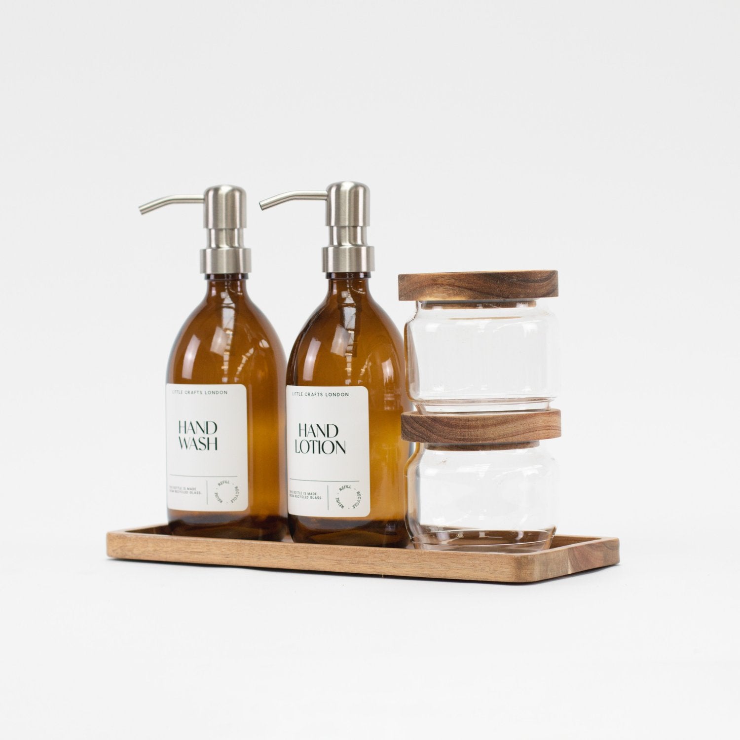 Set of 2 Amber Glass Bottles 500 ML Long Acacia Tray & Jars Bathroom Set - Little Crafts London