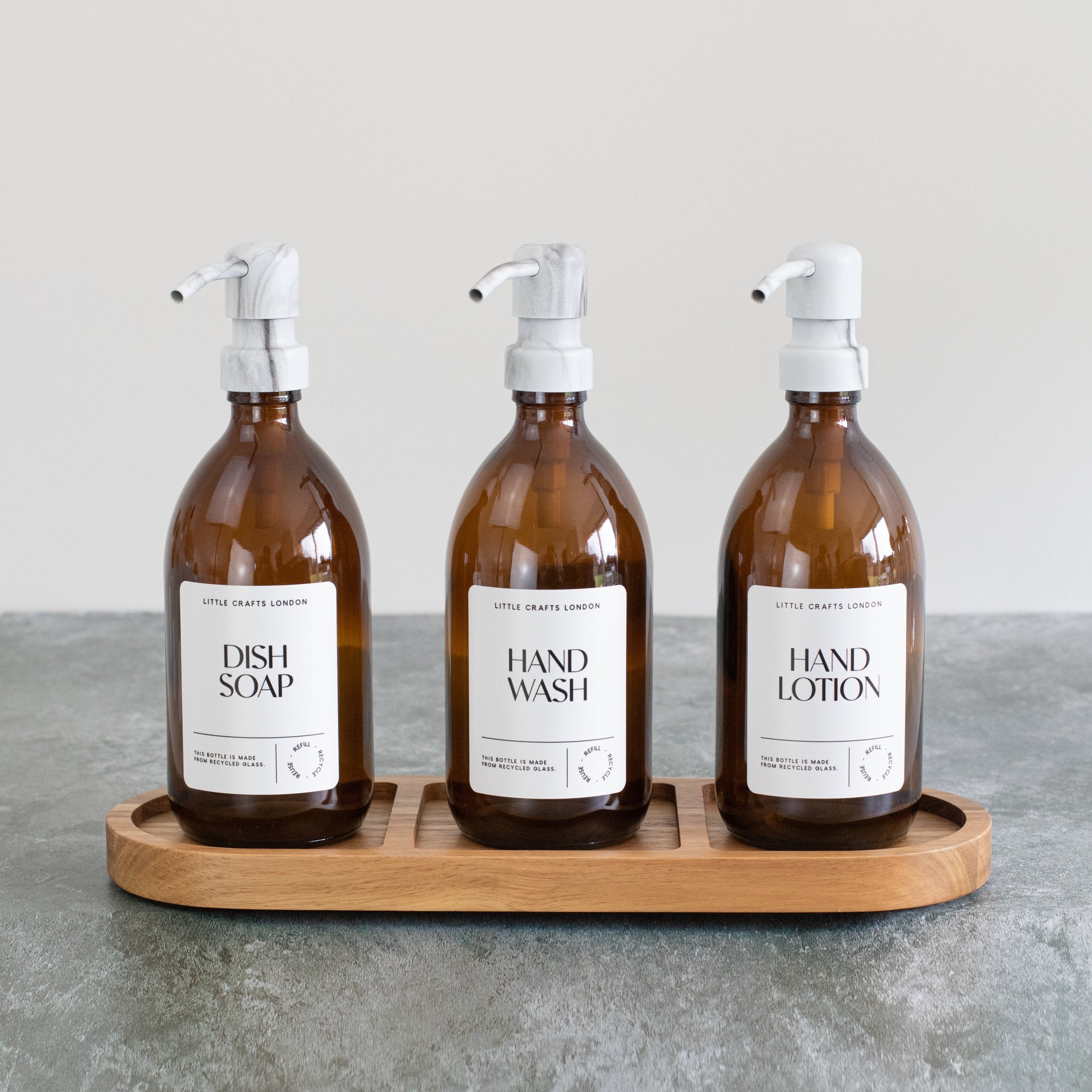(Limited Availability) Set of 3 Reusable Amber Glass Bottles 500 ML with Stainless Steel Pump and Long Tray - Little Crafts London