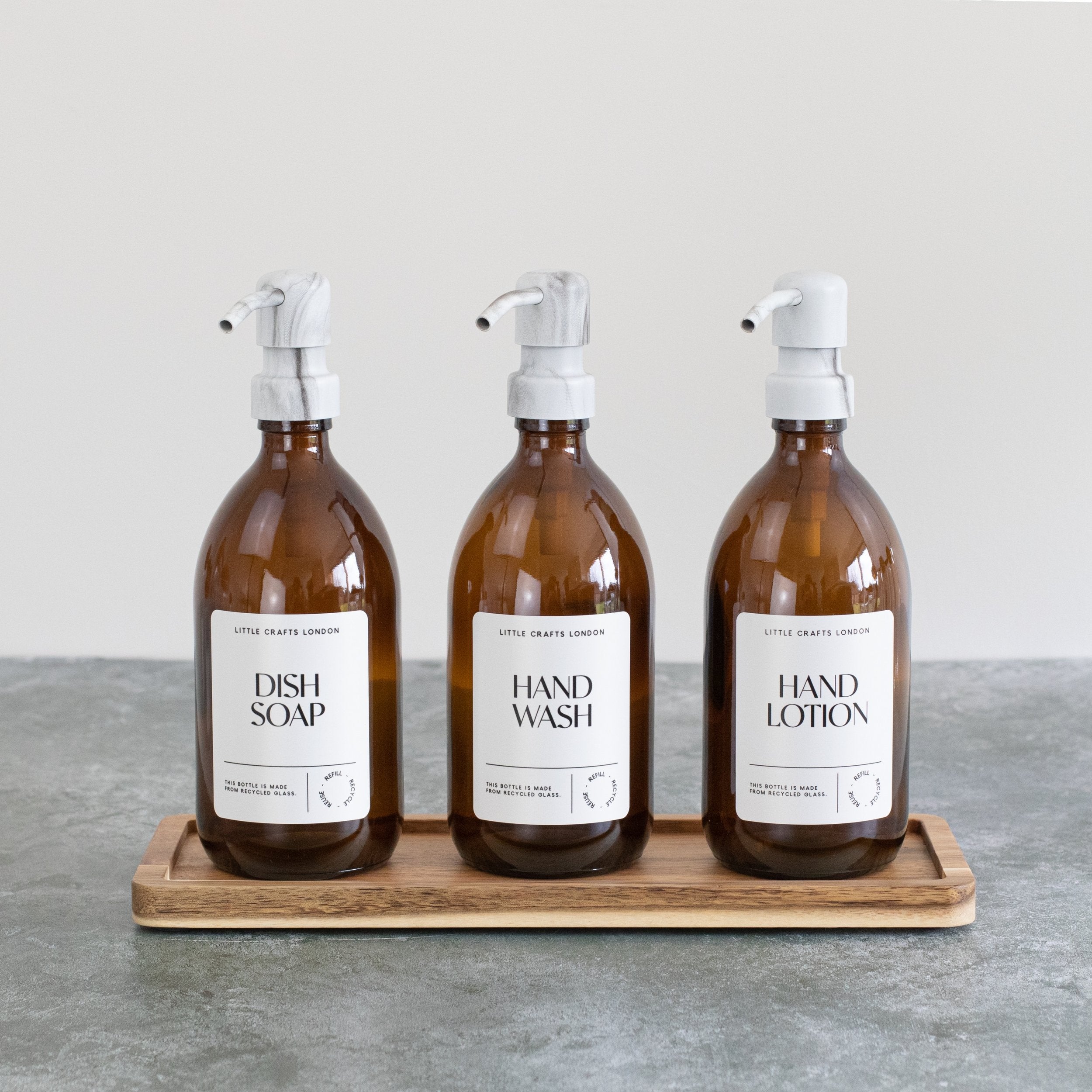 (Limited Availability) Set of 3 Reusable Amber Glass Bottles 500 ML with Stainless Steel Pump and Long Tray - Little Crafts London
