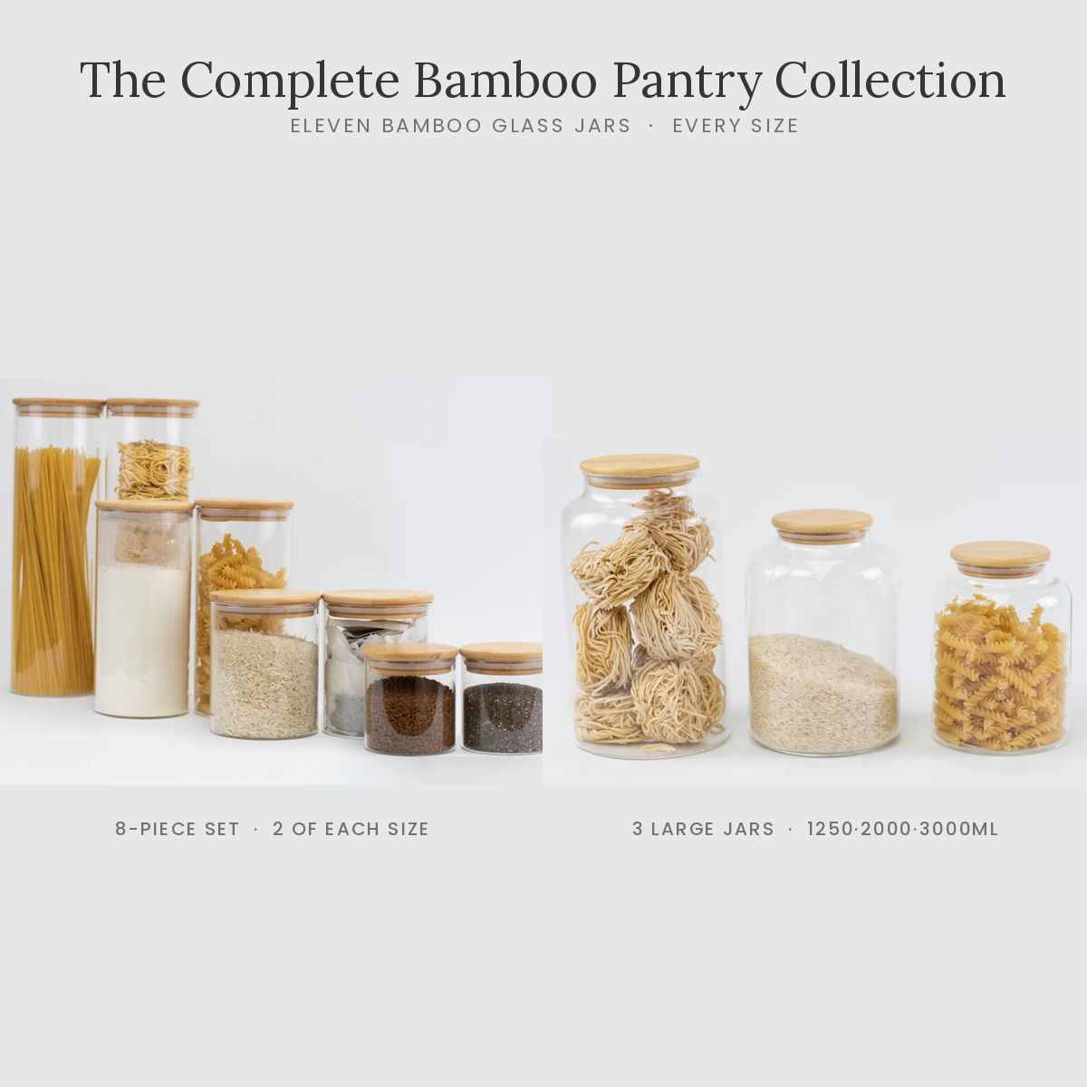 The Complete Bamboo Pantry Collection – 11 Borosilicate Glass Storage Jars with Airtight Bamboo Lids