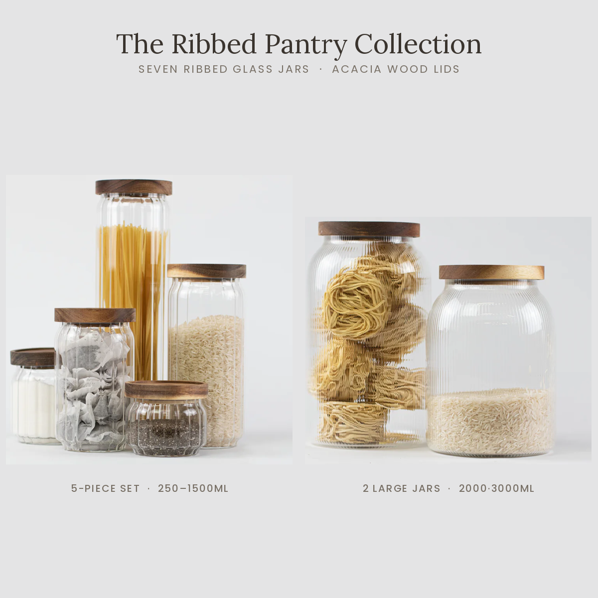 The Complete Ribbed Pantry Collection – 7 Fluted Glass Jars with Acacia Wood Lids
