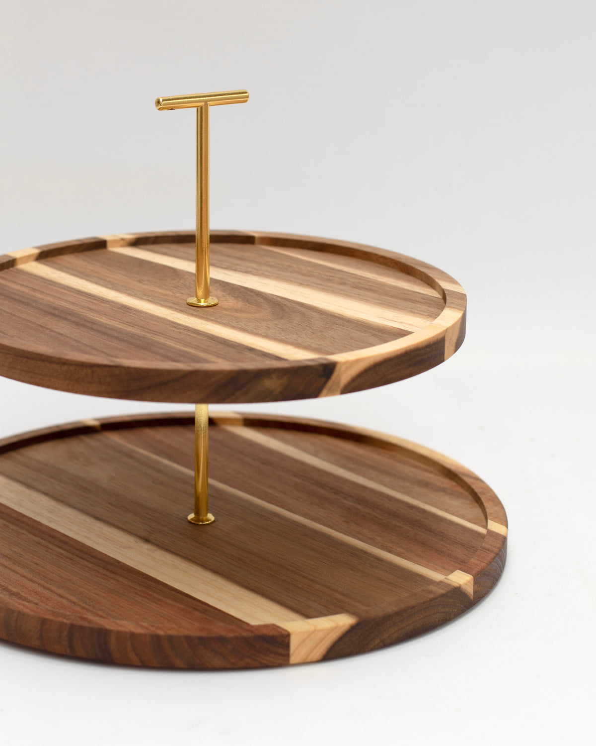 Acacia Wood 2-Tier Serving Stand with Gold Handle
