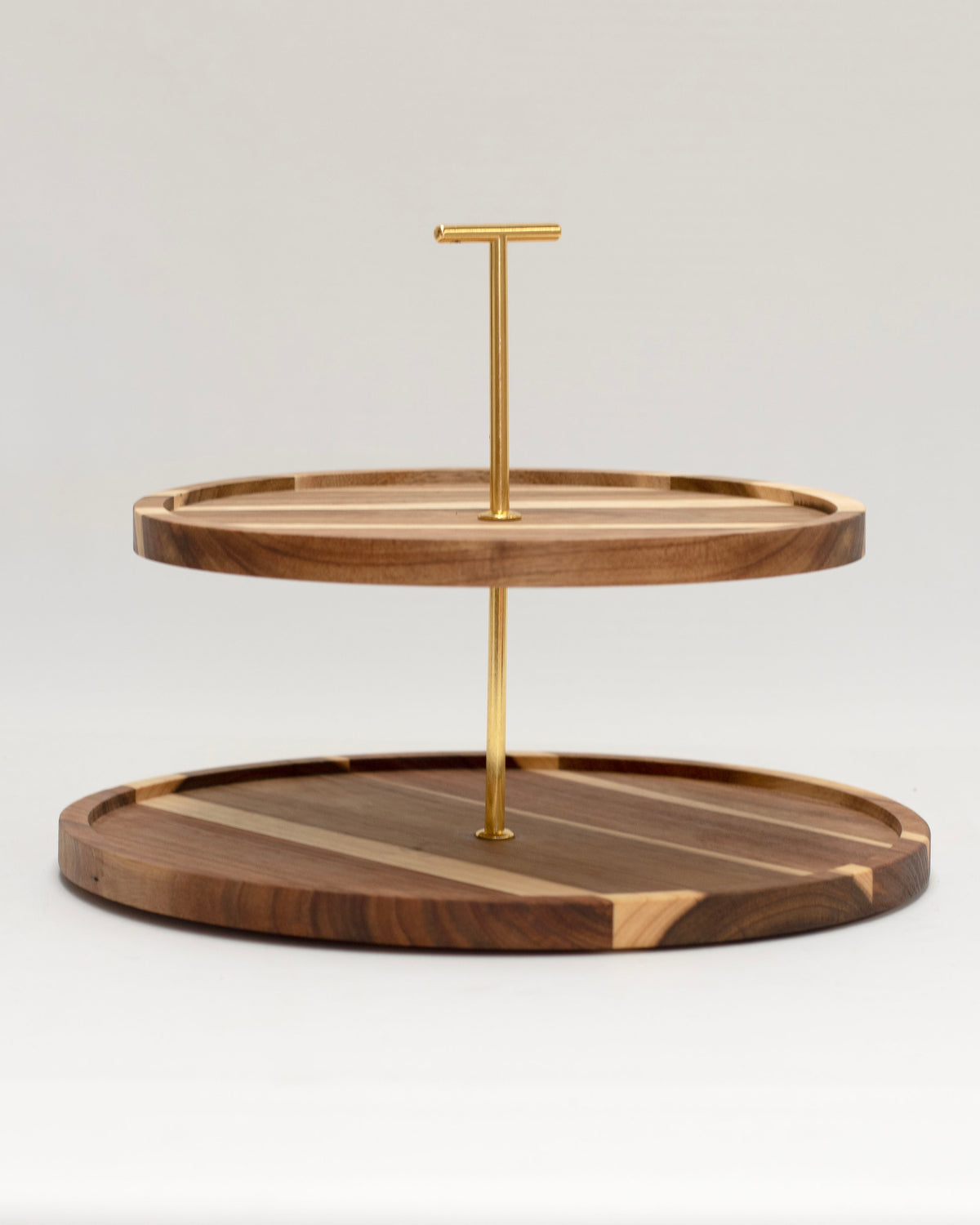 Acacia Wood 2-Tier Serving Stand with Gold Handle
