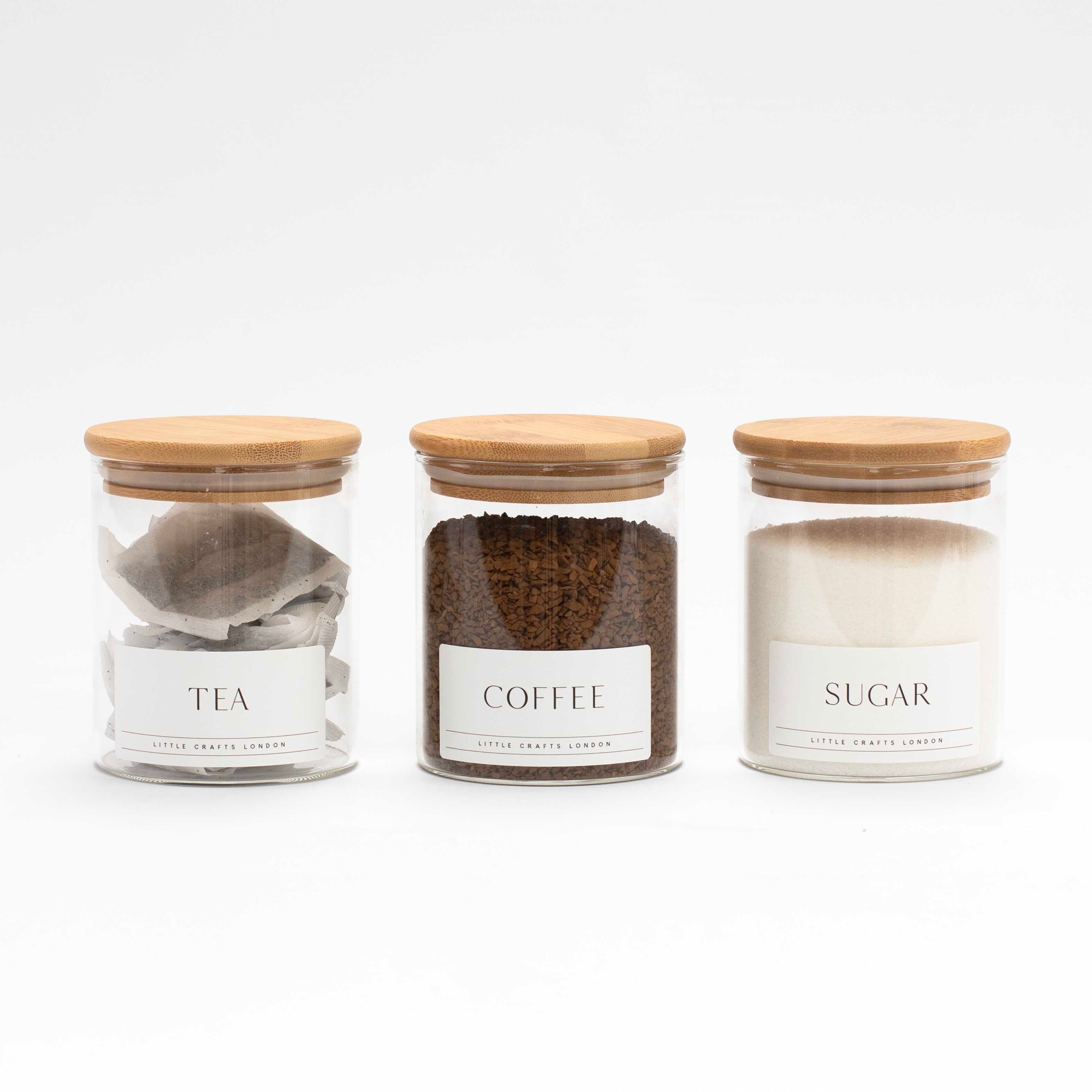 Set of 3 Glass Jars with Bamboo Lid - Tea, Coffee and Sugar (Slim label) 450 ML