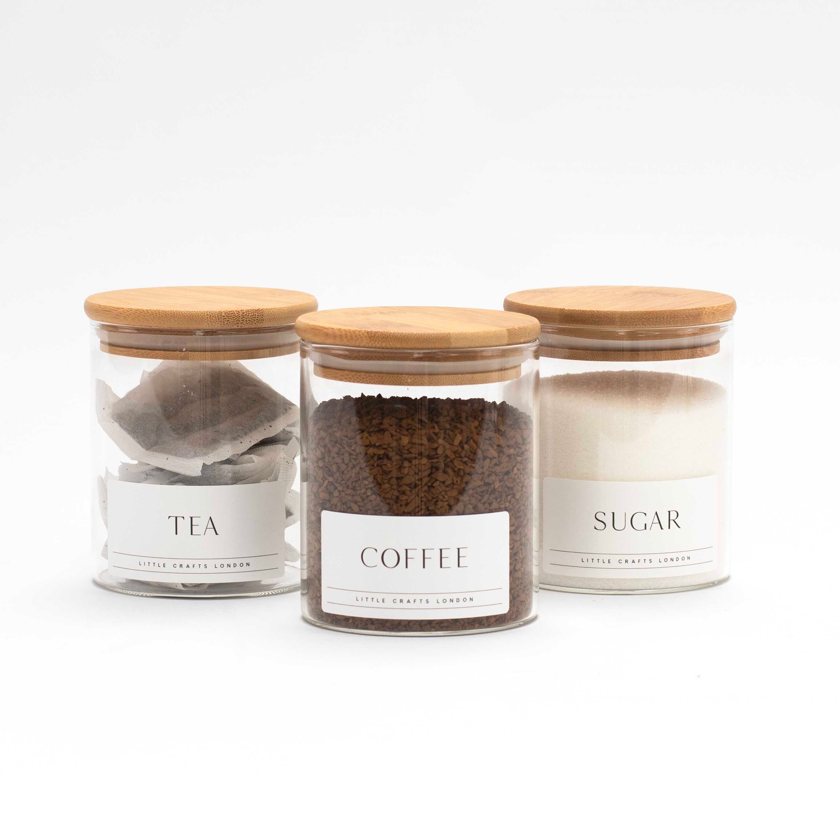 Set of 3 Glass Jars with Bamboo Lid - Tea, Coffee and Sugar (Slim label) 450 ML
