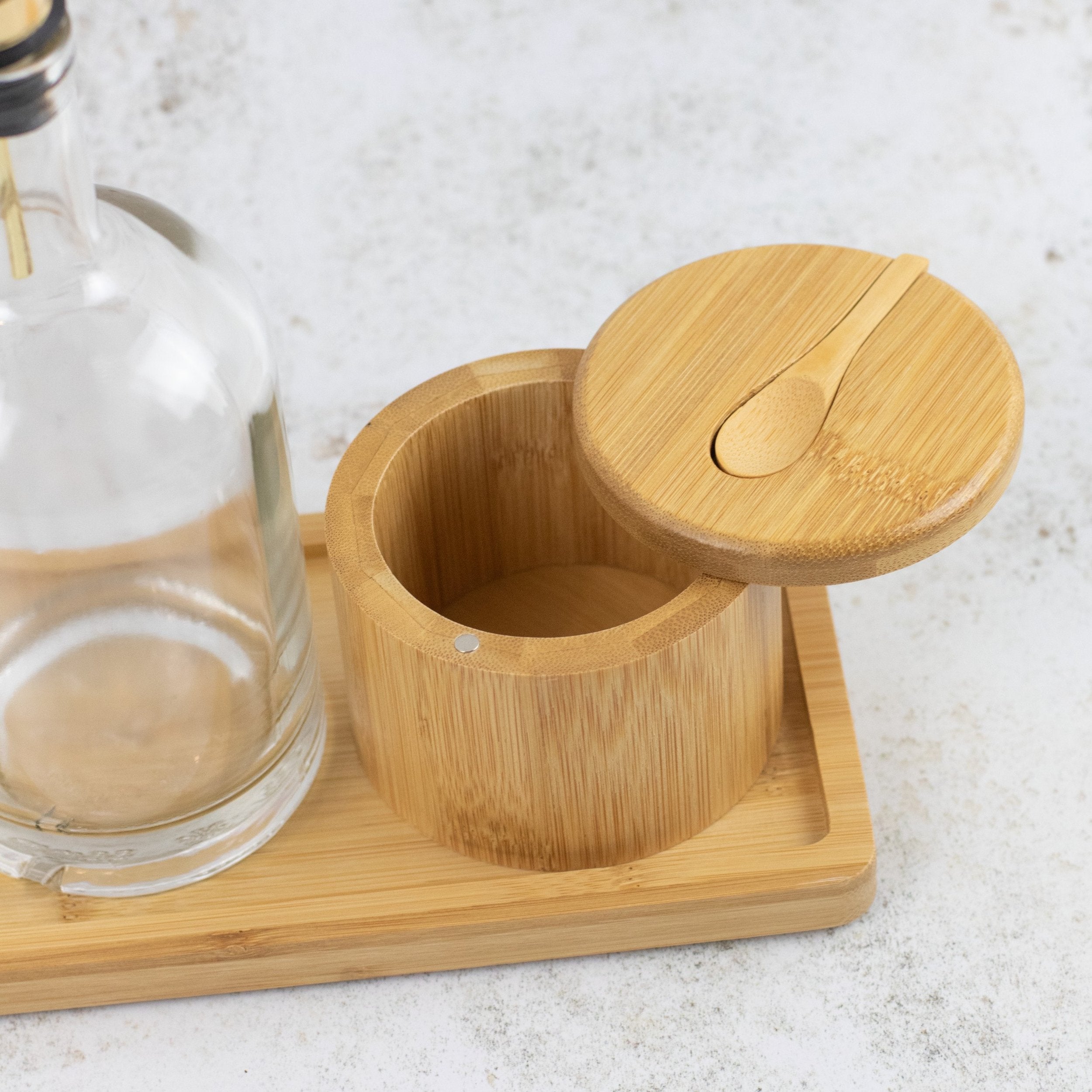 Set Of 2 Round Glass Oil Bottle 500 ML, Spice Pot & Bamboo Long Tray