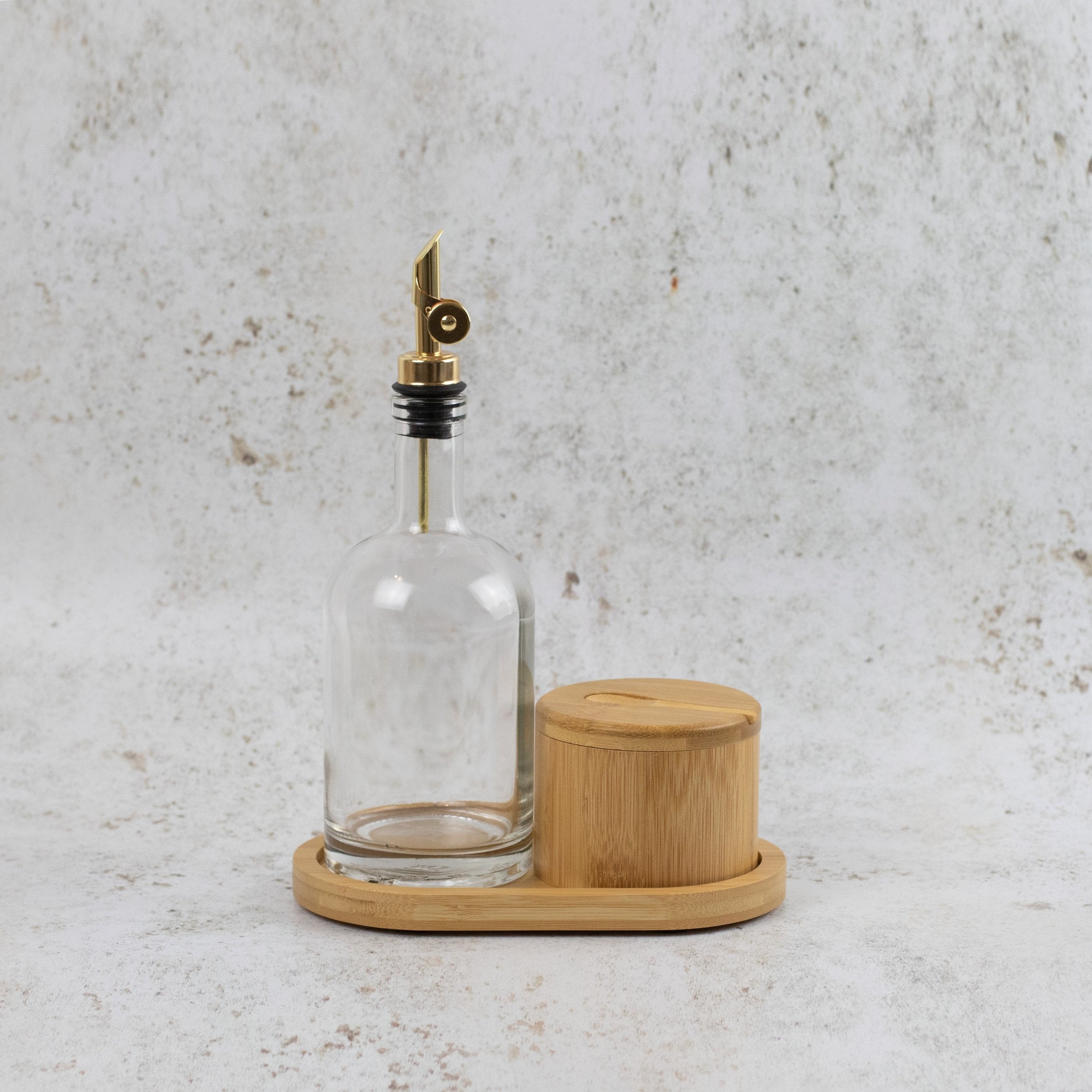 Set of 1 Round Glass Oil Bottle 500 ML, Spice Pot & Oval Tray
