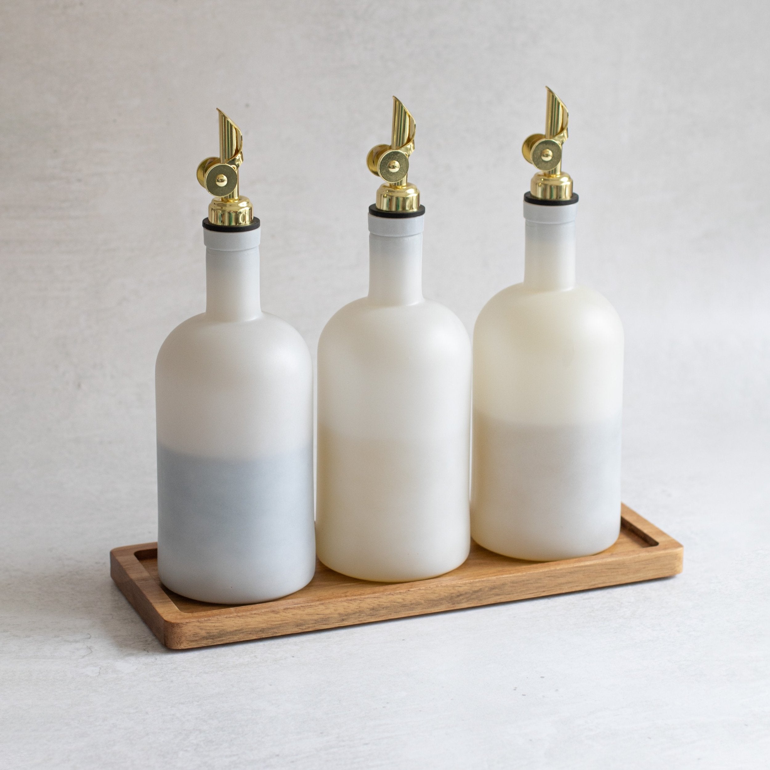 Set of 3 Frosted White Round Glass Oil Bottle 500 ML & Rectangle Tray
