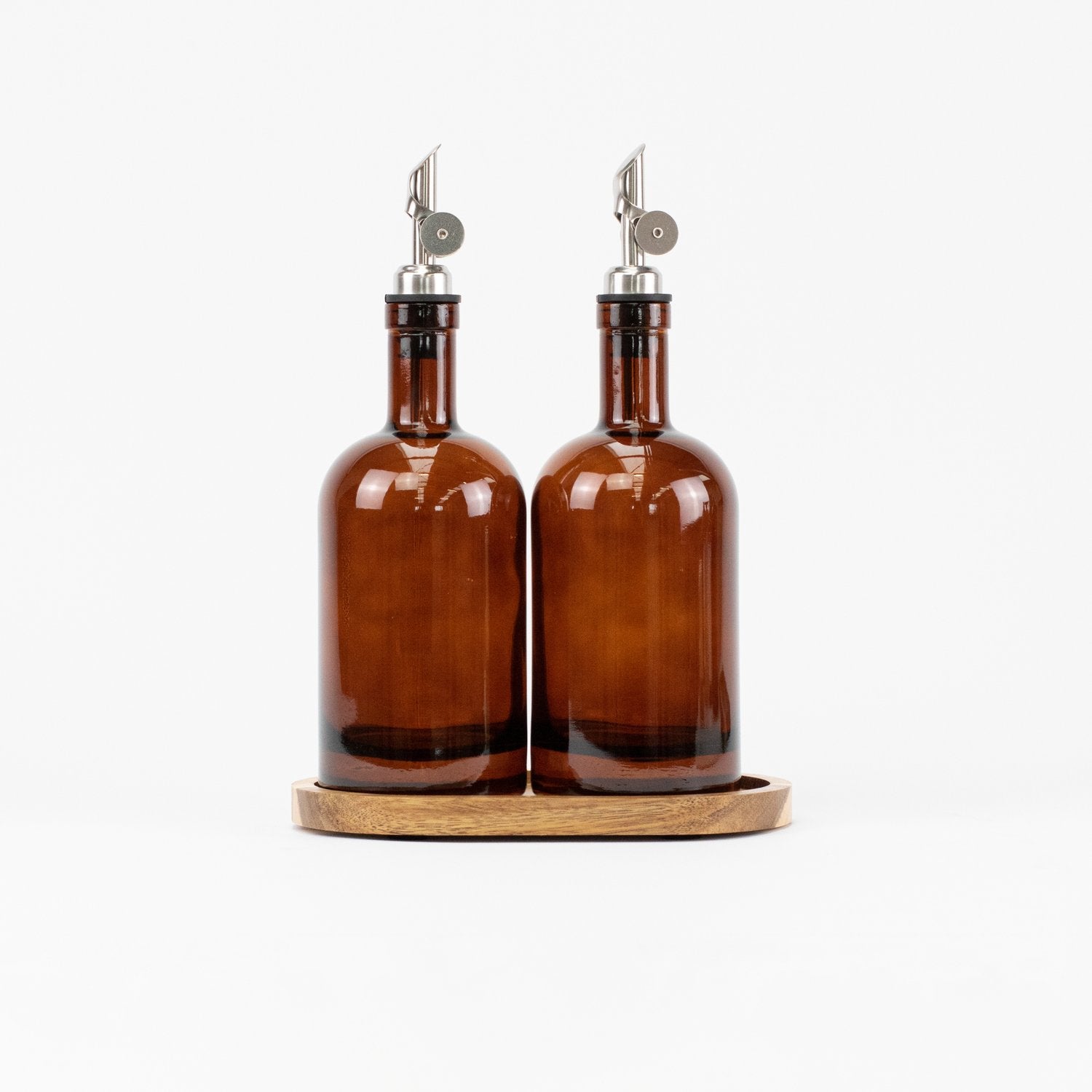 Set of 2 Amber Round Glass Oil Bottle 500 ML & Small Oval Tray