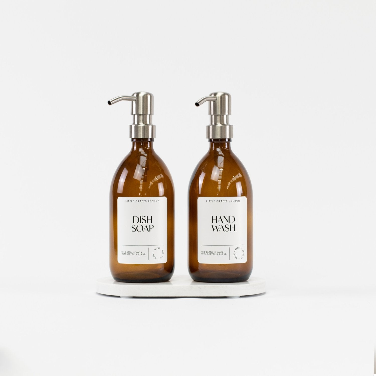 Set of 2 Amber Glass Bottle 500 ML with Stainless Steel Pump & Small Tray