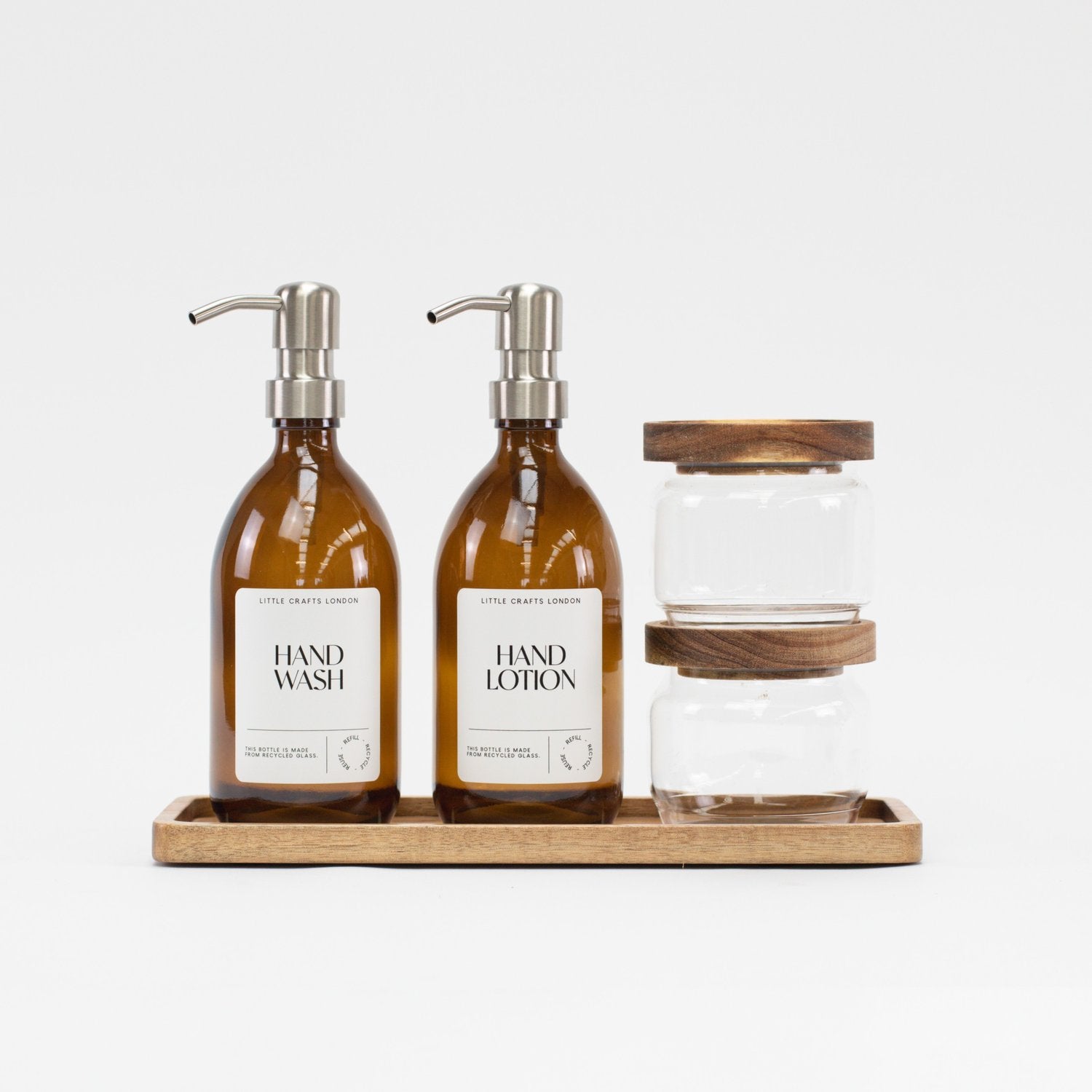 Set of 2 Amber Glass Bottles 500 ML Long Acacia Tray & Jars Bathroom Set
