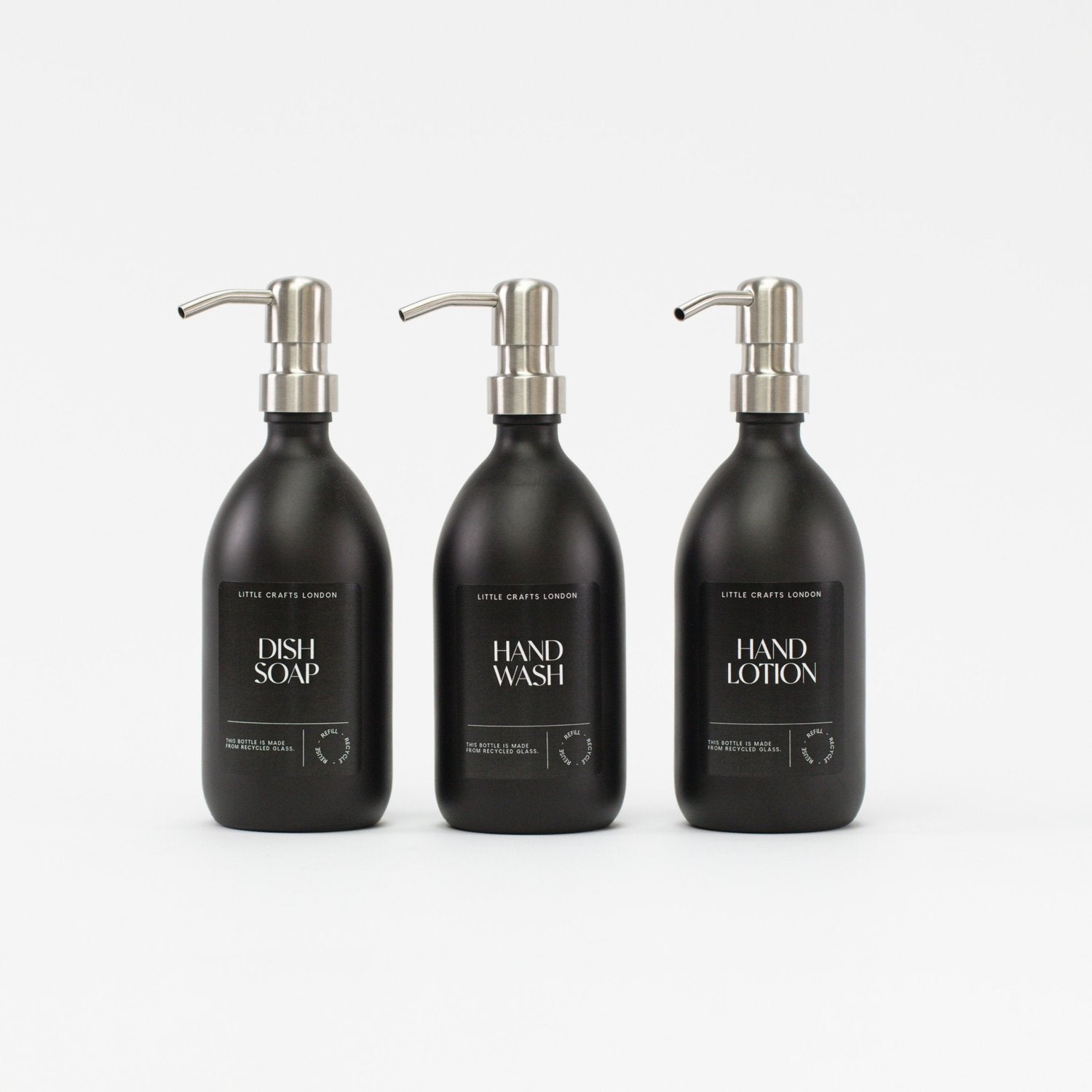 Matt Black 500ml Glass Bottle with Stainless Steel Pump Black Label