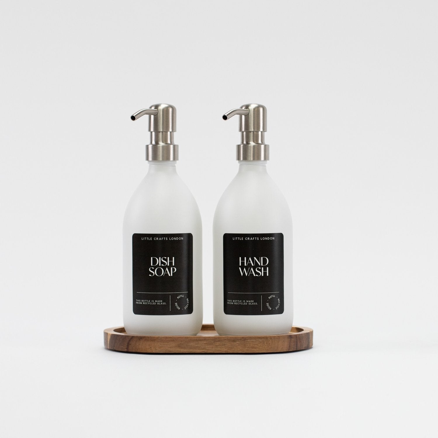 Set of 2 Milky White Glass Bottle 500 ML with Stainless Steel Pump & Small Tray (Black Label)