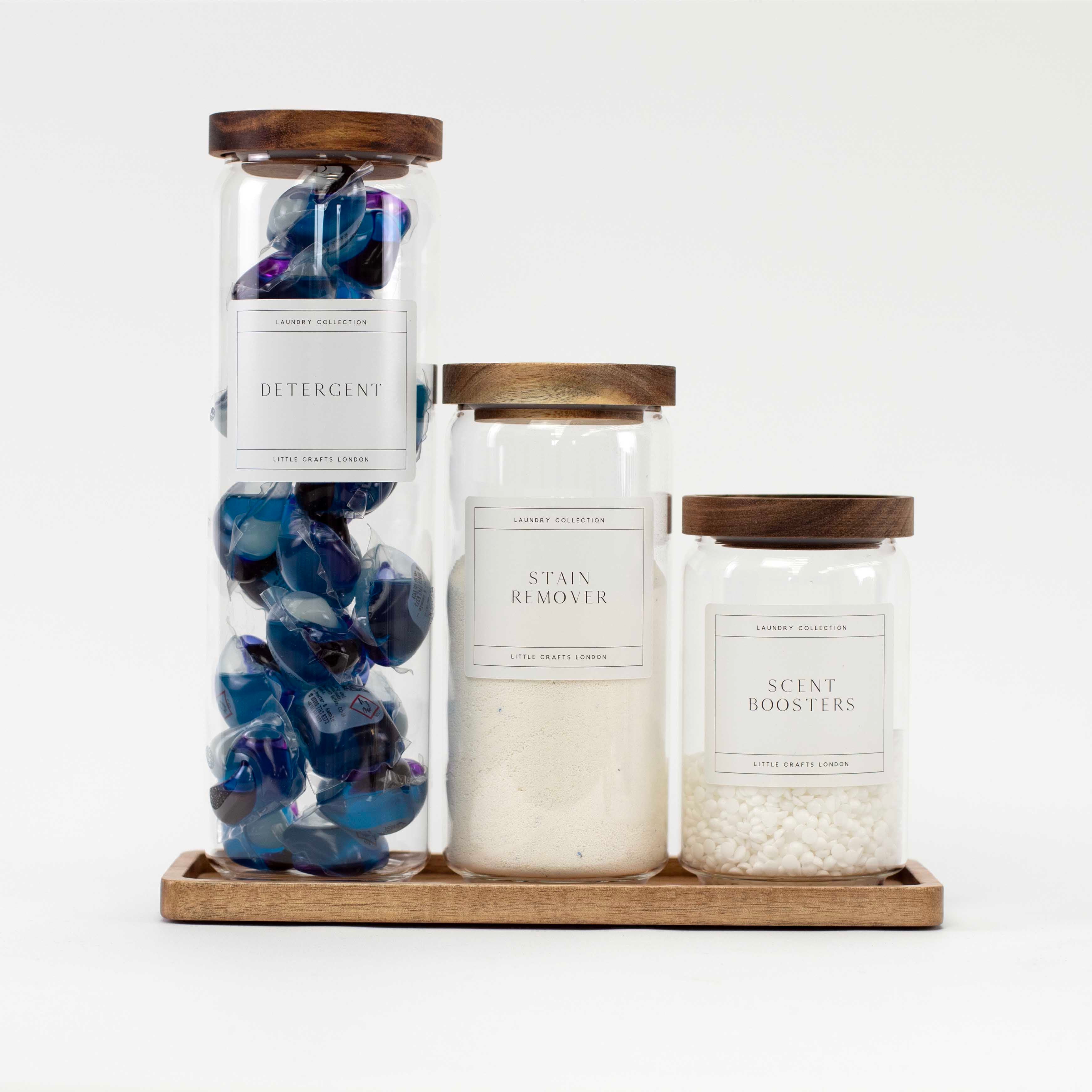 Set of 3 Acacia Glass Laundry Jars & Tray Set