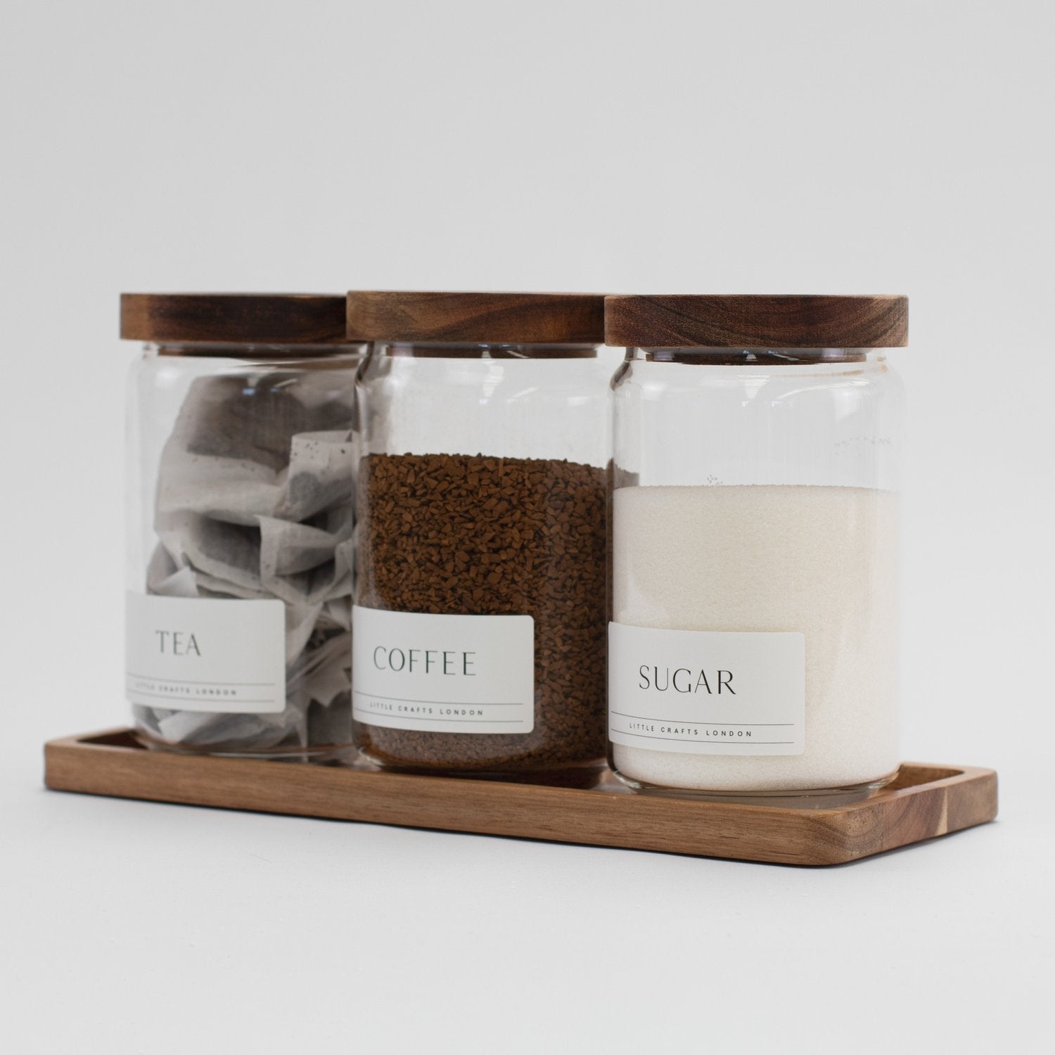 Set of 3 Acacia Glass Jars Tea, Coffee and Sugar 750 ML & Rectangle Tray [LABEL SLIM]