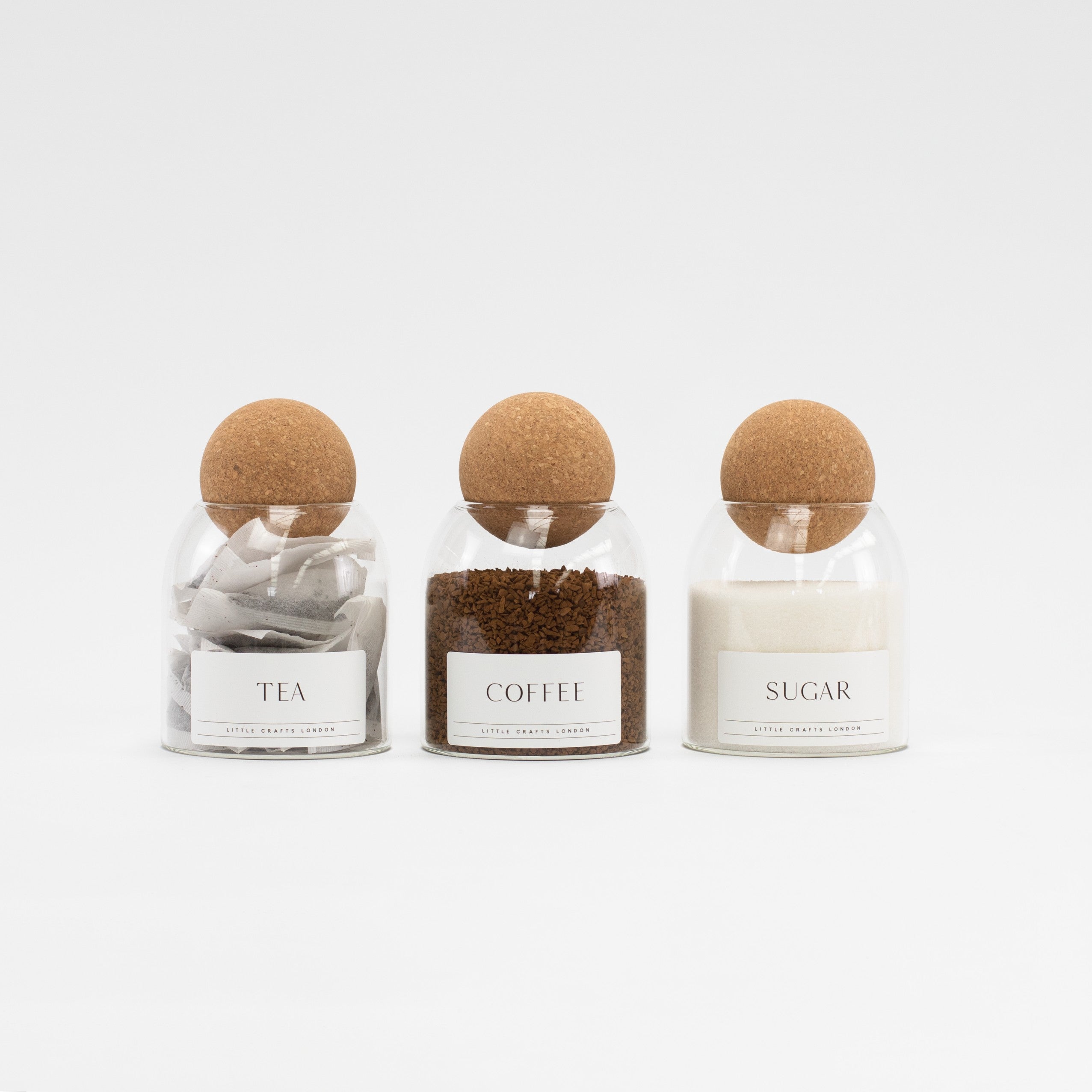 Set of 3 Cork Ball Glass Jars - Tea, Coffee and Sugar 500ml