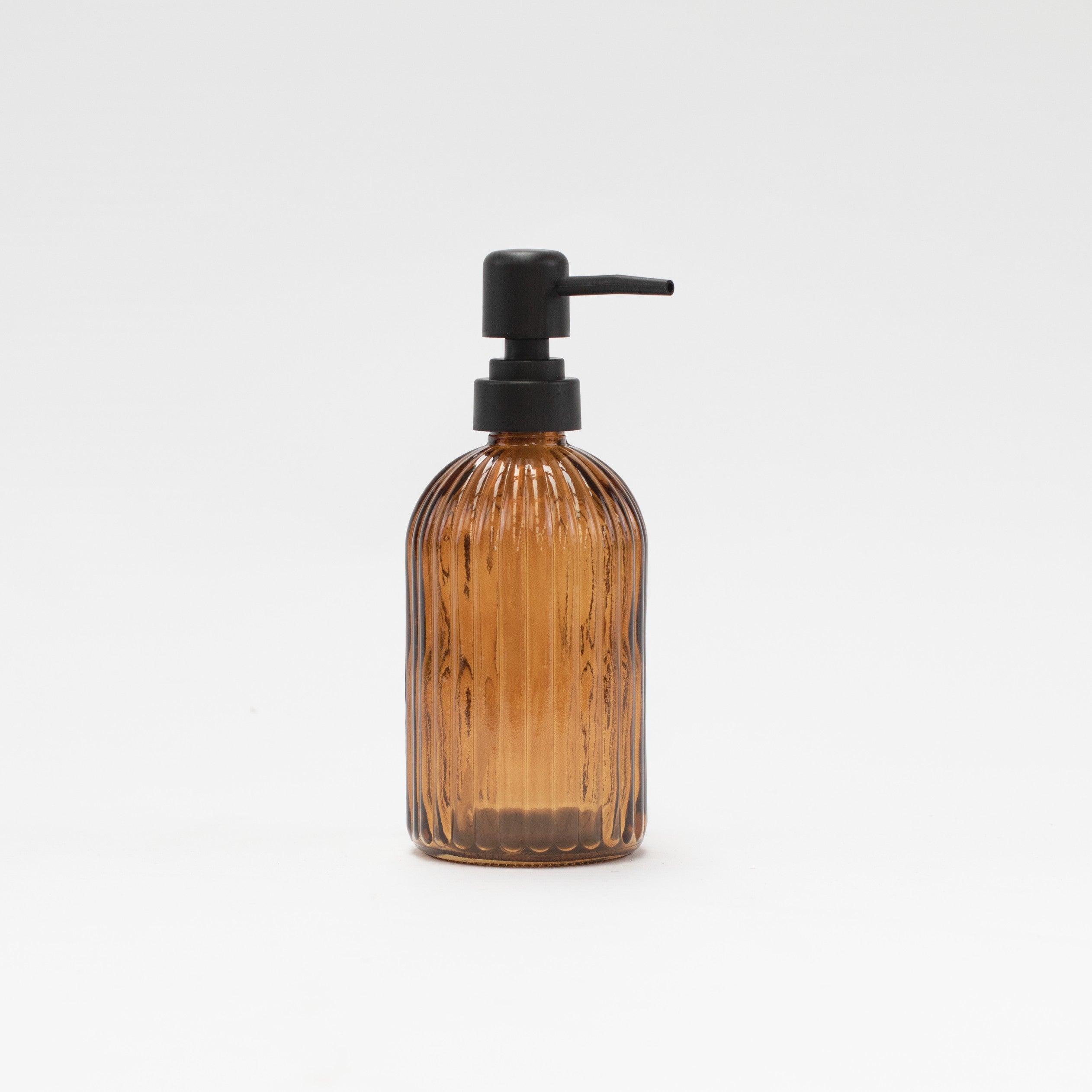 Set of 3 Ribbed Glass Amber Soap Dispenser 500 ML & Tray - Little Crafts London