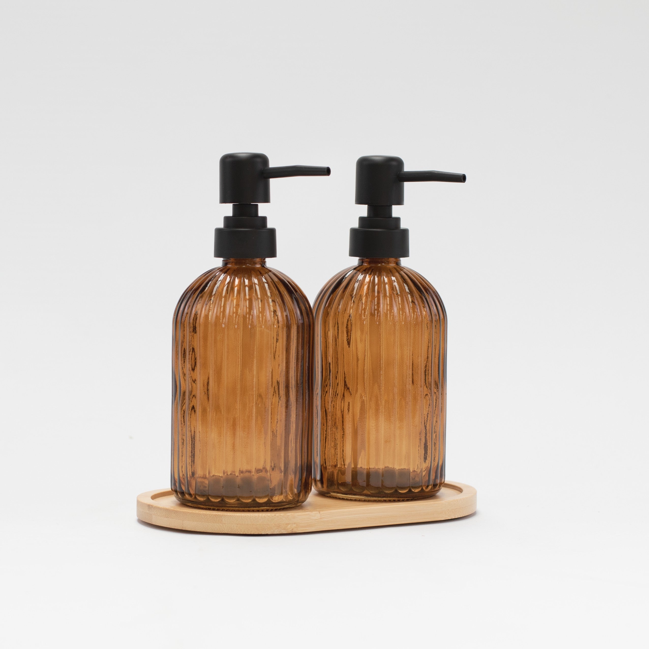 Set of 2 Ribbed Glass Amber Soap Dispenser 500 ML & Tray - Little Crafts London