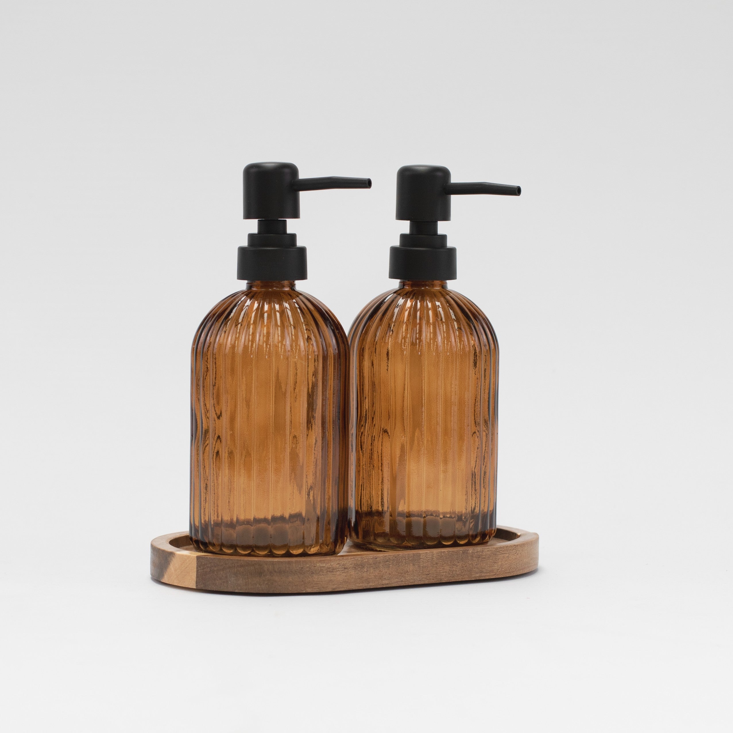 Set of 2 Ribbed Glass Amber Soap Dispenser 500 ML & Tray - Little Crafts London